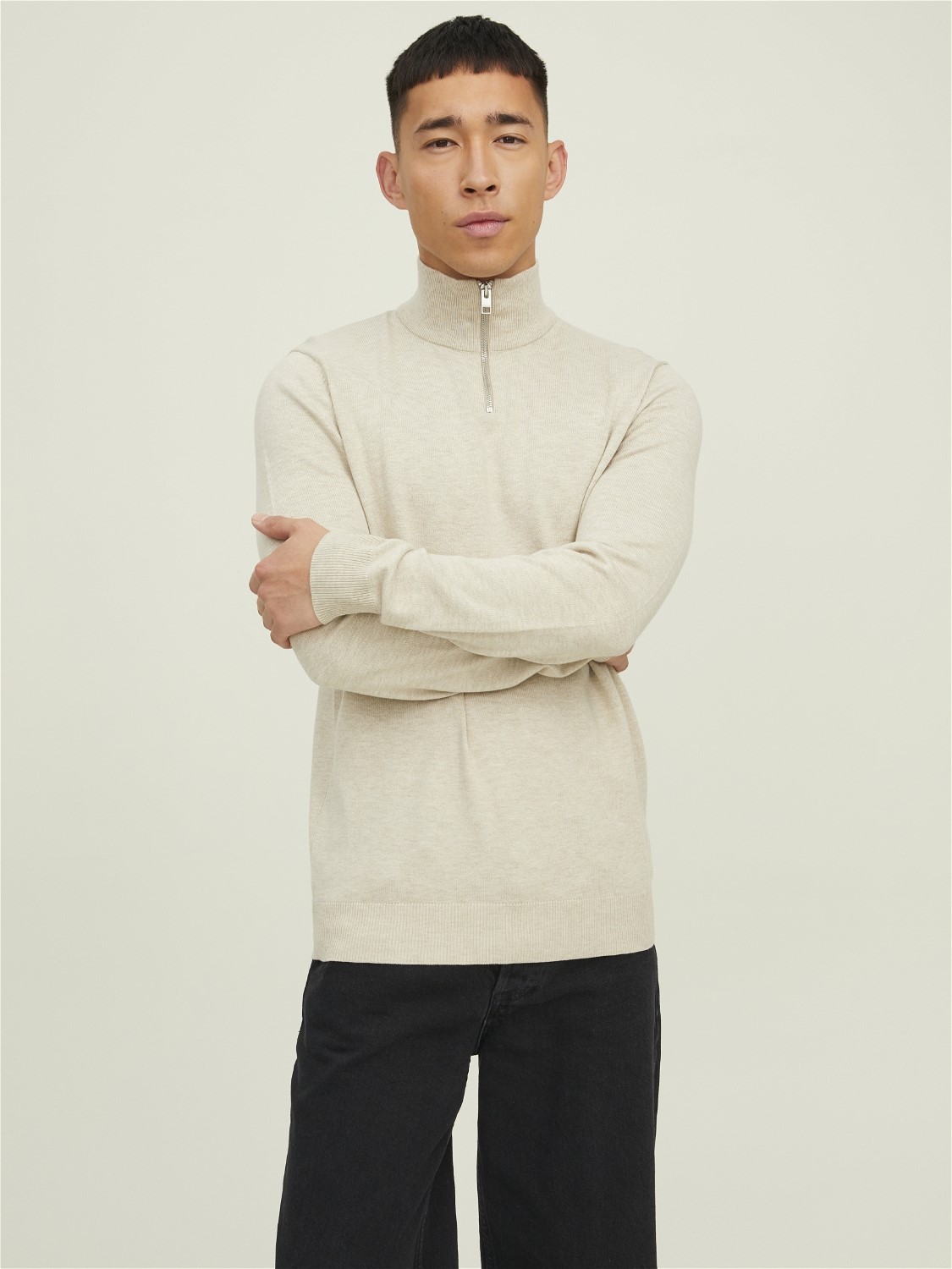 JACK & JONES Emil knit half zip slim fit, heren schipperstrui viscosemengsel met opstaande boord, beige melange