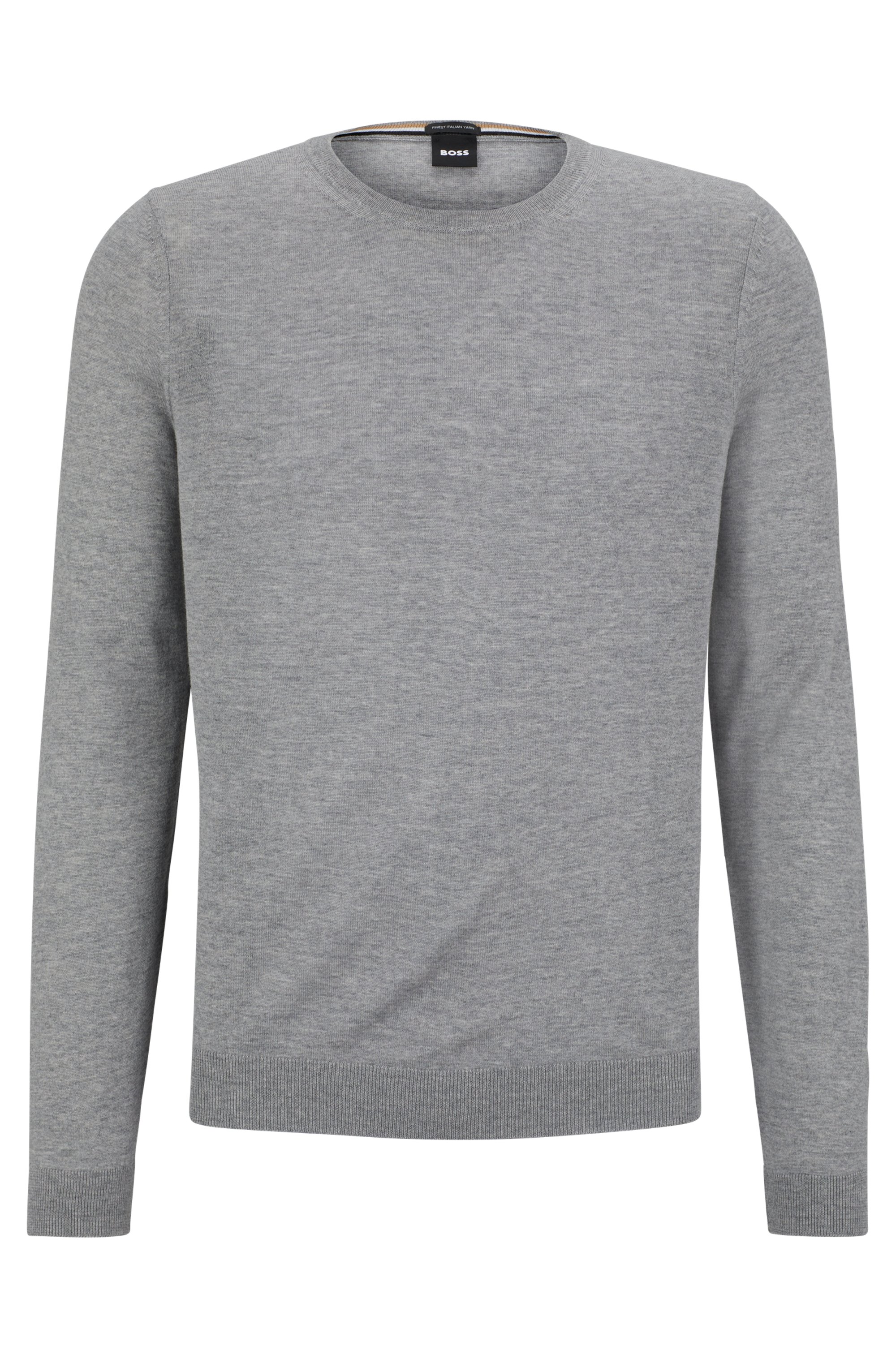 BOSS Leno slim fit trui wol, heren pullover middeldik O-hals, lichtgrijs