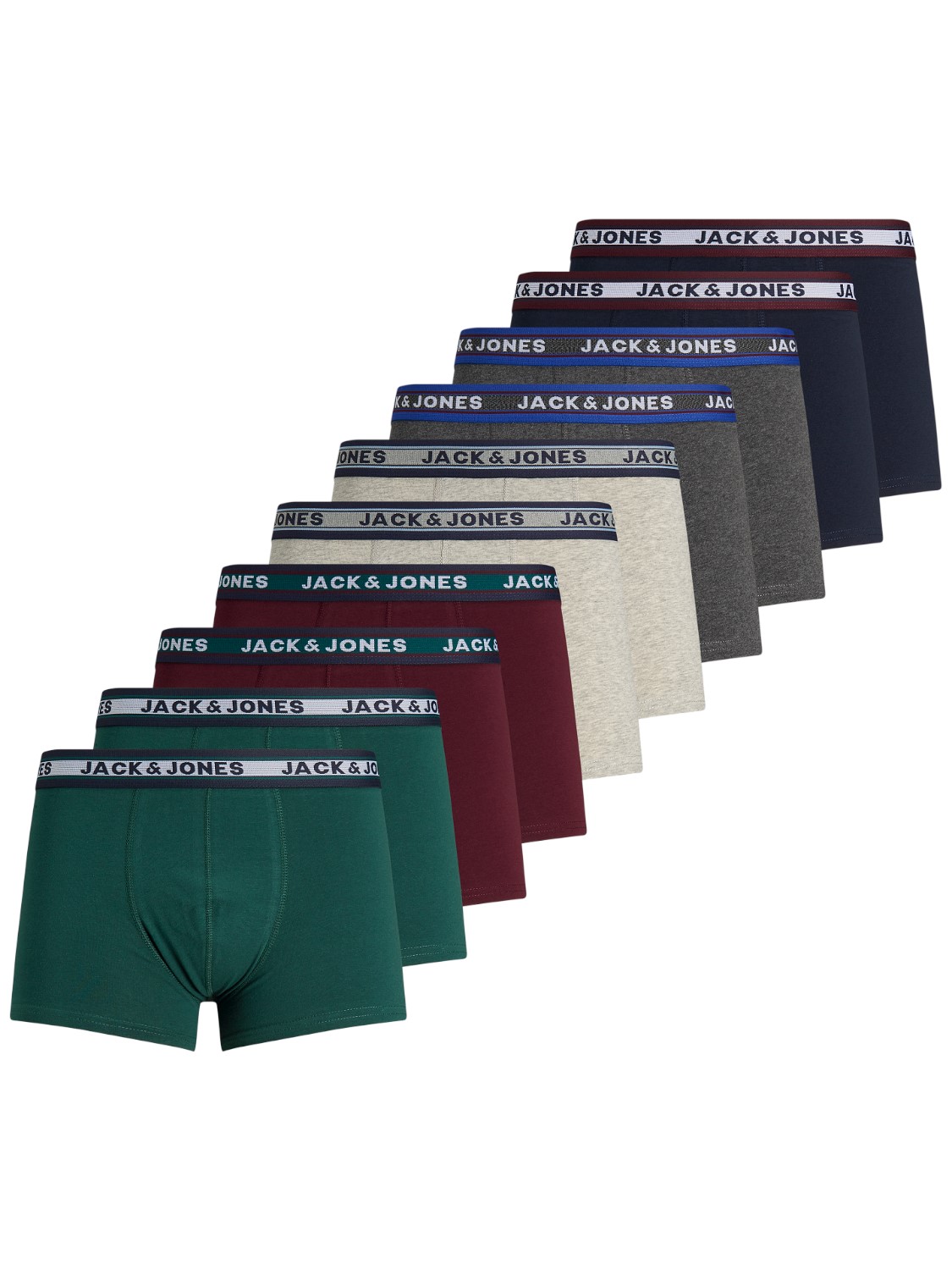 JACK & JONES Jacsolid trunks (10-pack), heren boxers normale lengte, zwart, groen, blauw, donkerrood en grijs