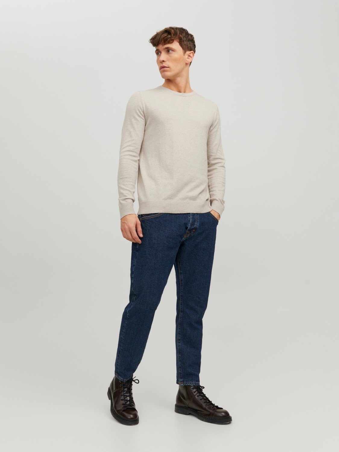 JACK & JONES Emil knit crew neck slim fit, heren pullover viscosemengsel met O-hals, beige melange