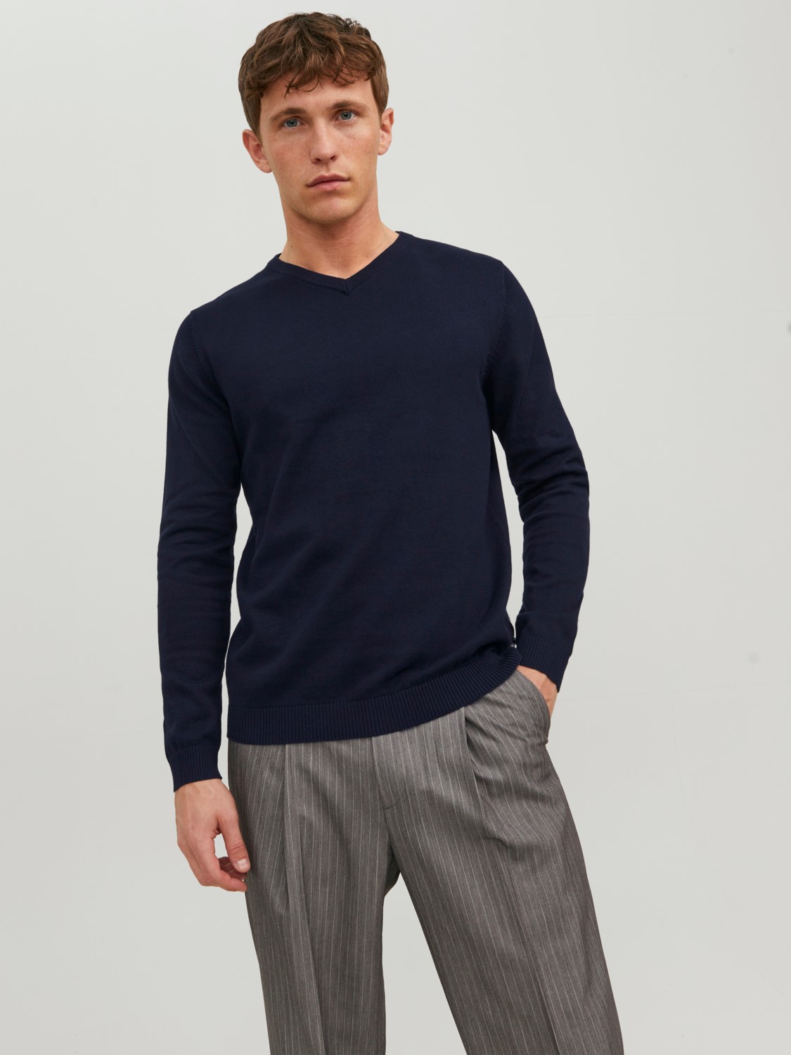 JACK & JONES Basic knit v-neck slim fit, heren pullover katoen met V-hals, blauw