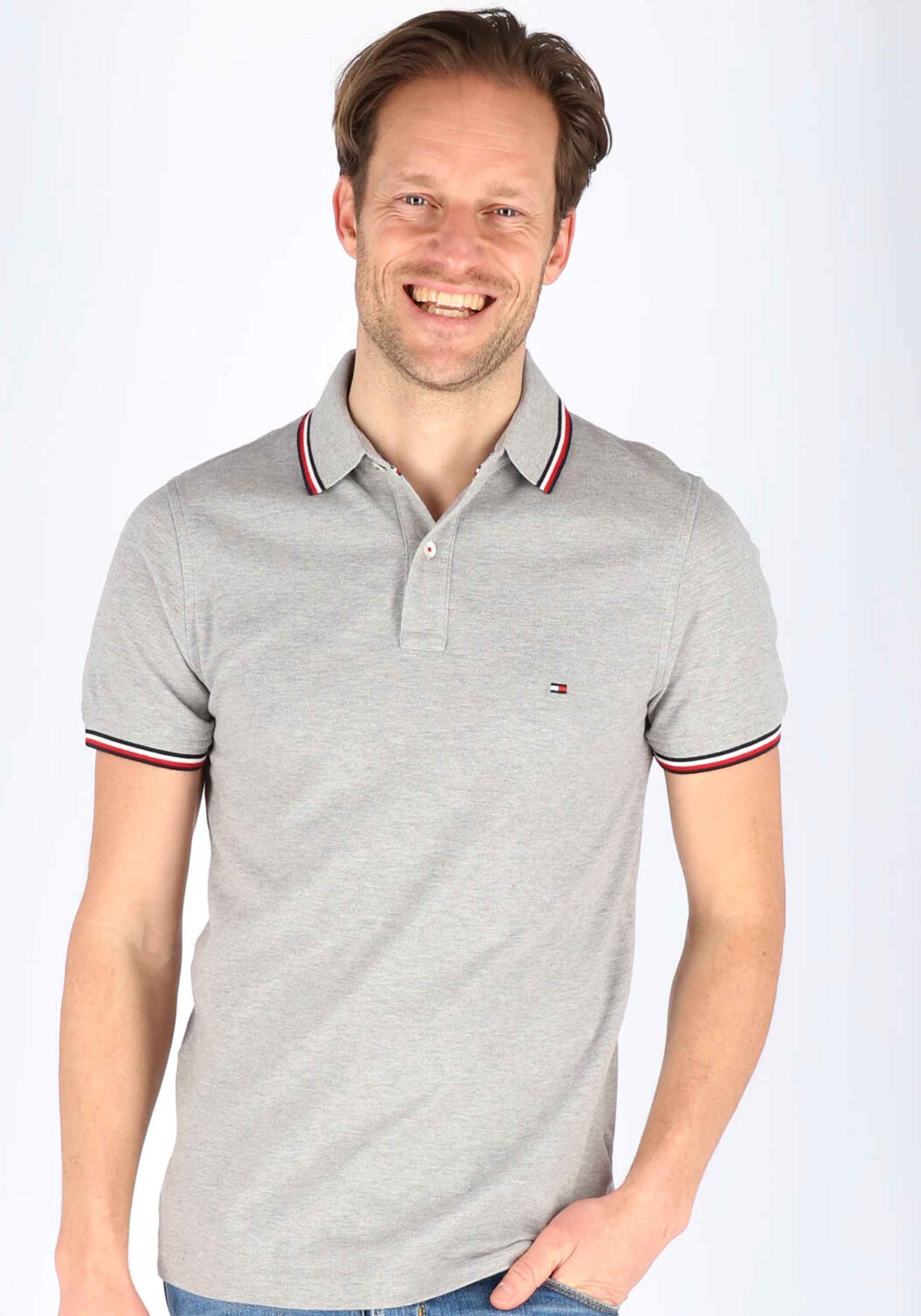 Tommy Hilfiger Core slim fit polo, heren polo met contrastbiezen, grijs melange