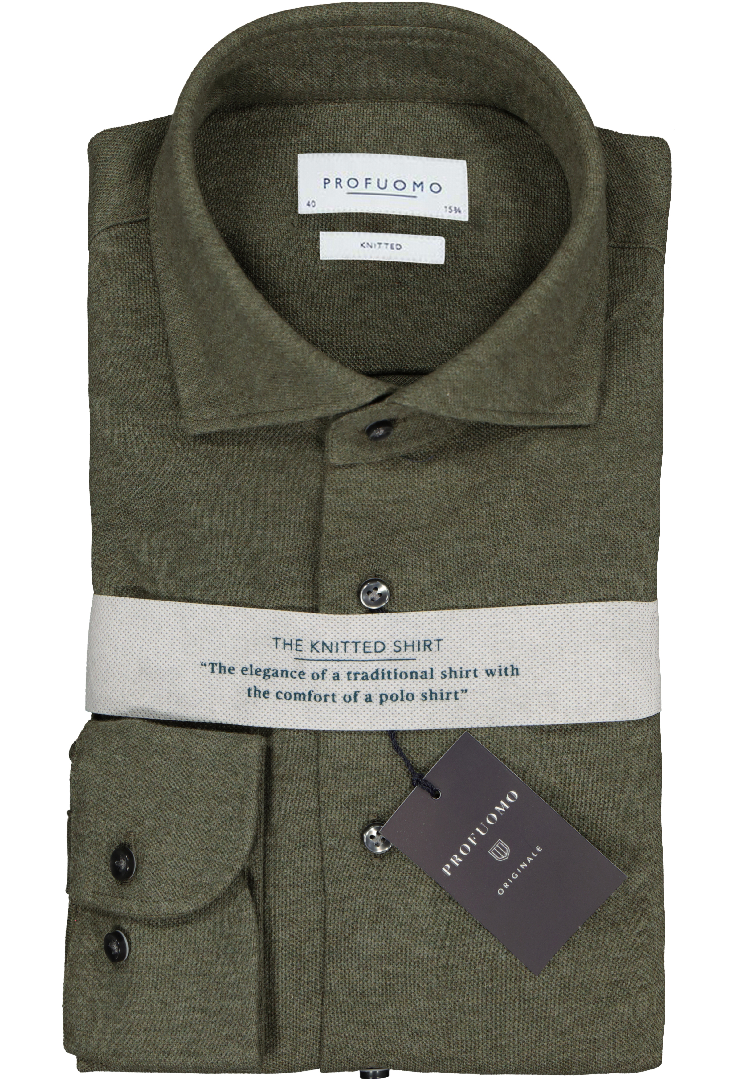 Profuomo slim fit jersey overhemd, knitted shirt pique, army groen melange