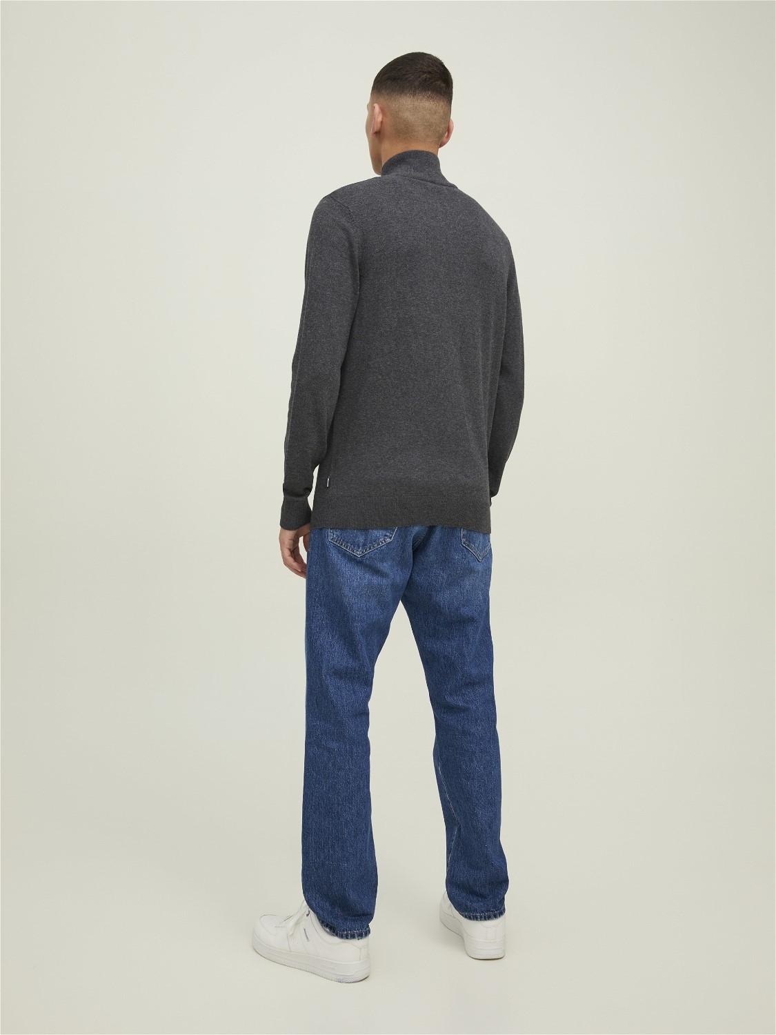 JACK & JONES Emil knit half zip slim fit, heren schipperstrui viscosemengsel met opstaande boord, donkergrijs melange