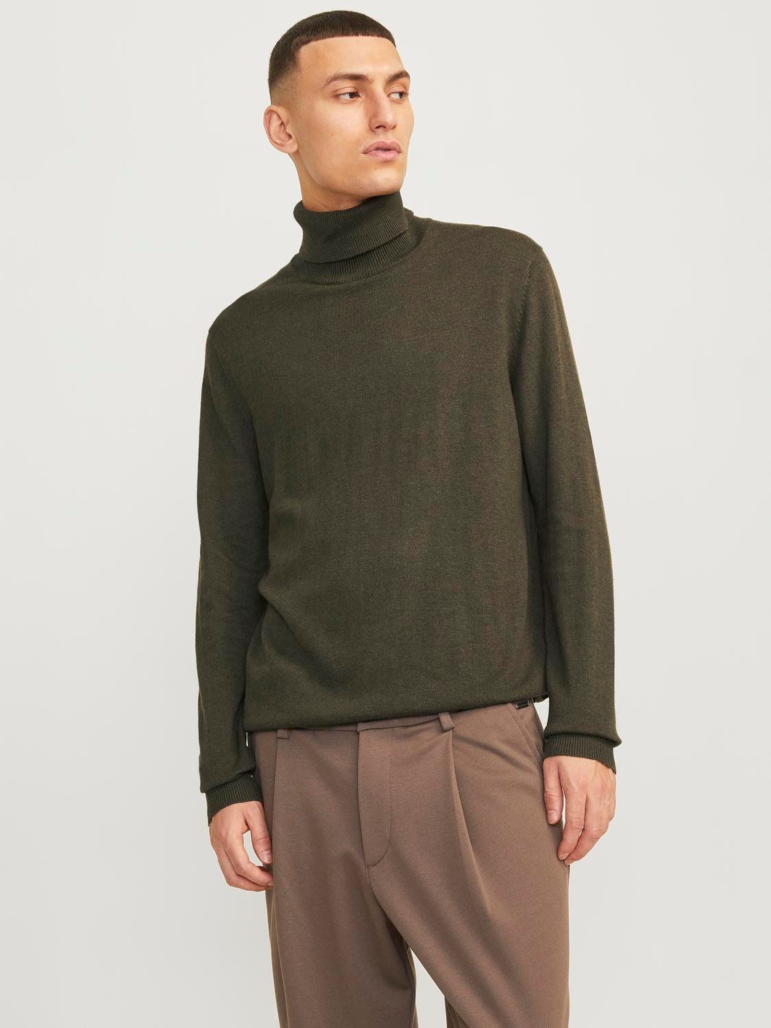 JACK & JONES Emil knit roll neck slim fit, heren pullover viscosemengsel met col, groen melange