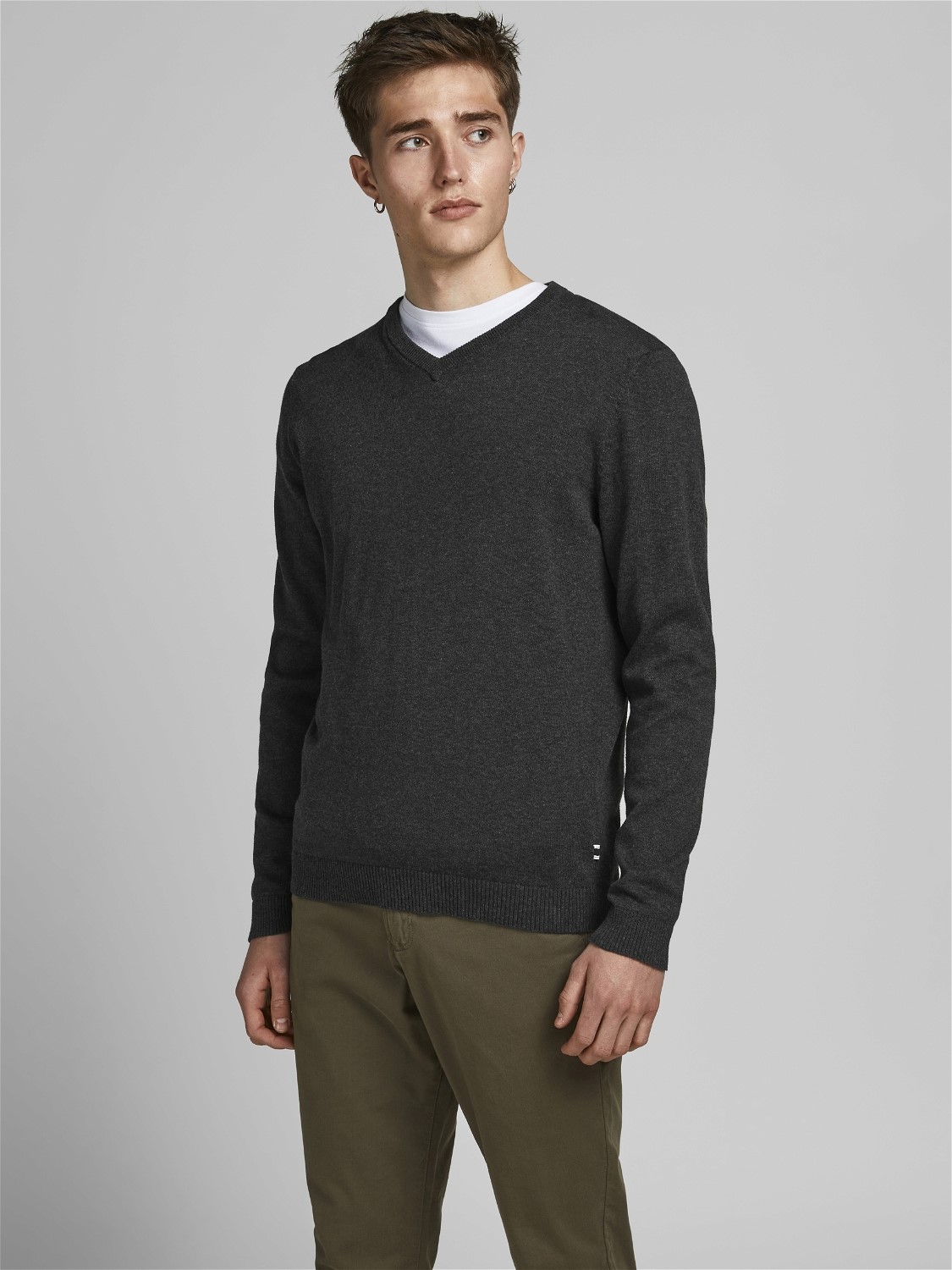 JACK & JONES Basic knit v-neck slim fit, heren pullover katoen met V-hals, donkergrijs melange