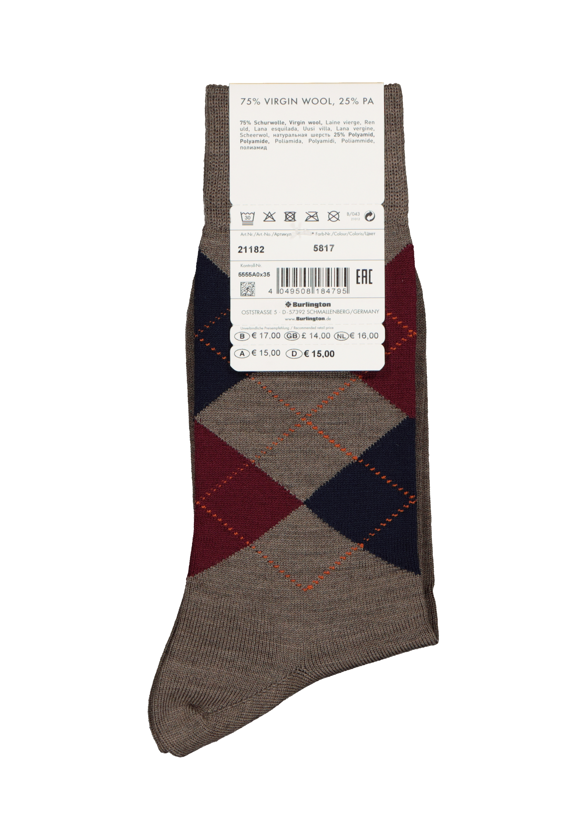 Burlington Edinburgh herensokken, wol, beige met blauw en bordeaux