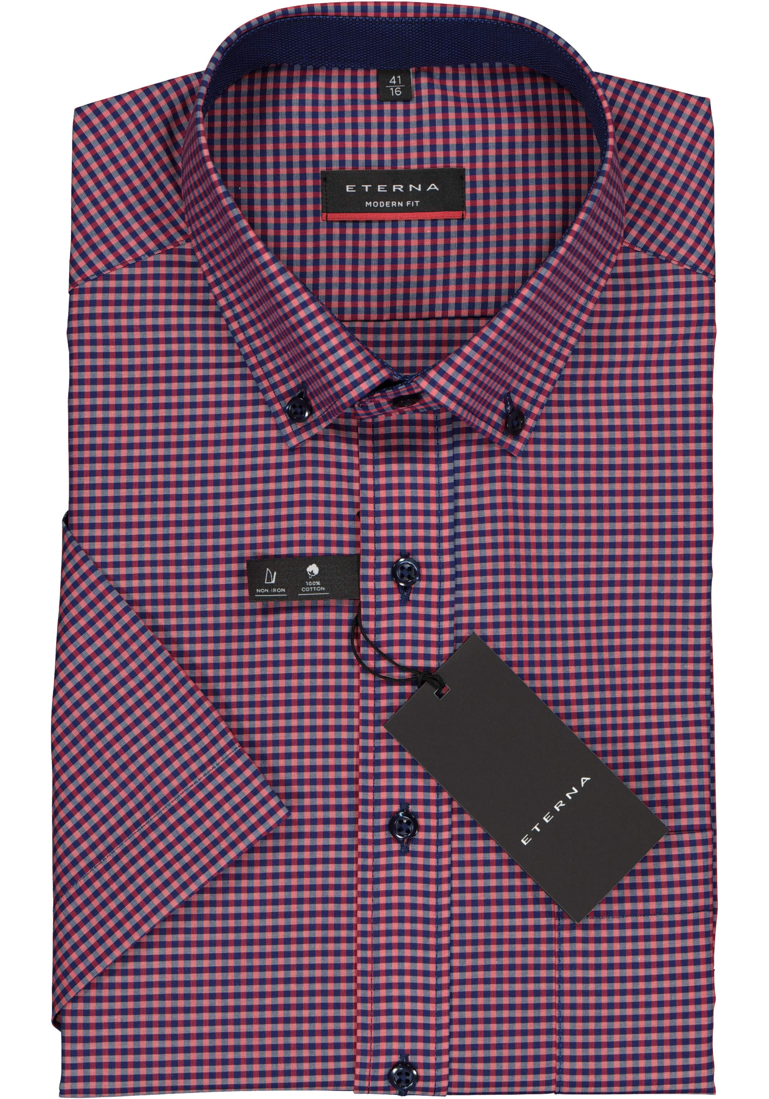 ETERNA modern fit overhemd, poplin met korte mouw, blauw met rood geruit (contrast)