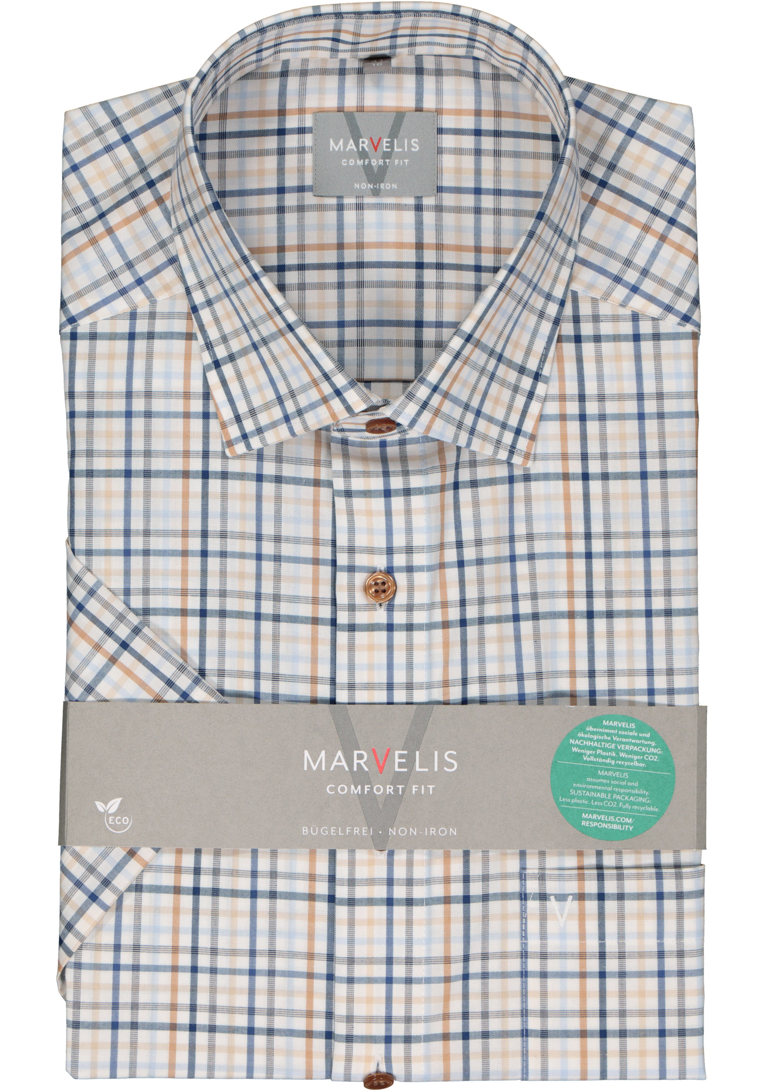 MARVELIS comfort fit overhemd, korte mouw, popeline, wit met blauw en beige geruit