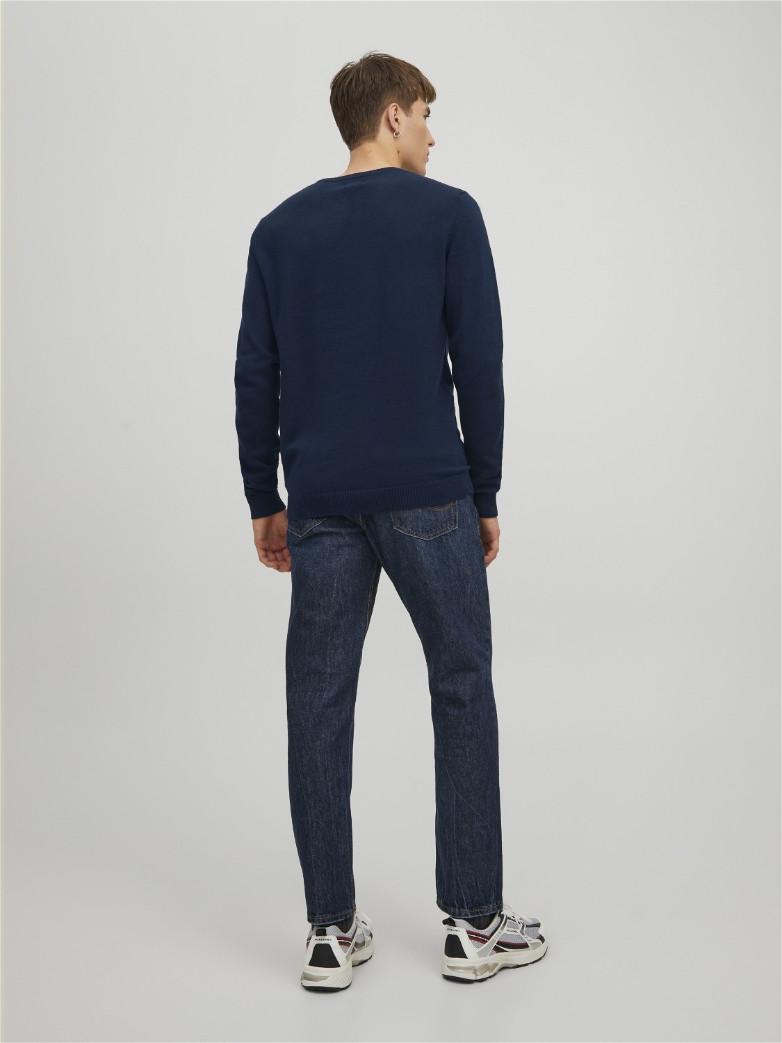 JACK & JONES Basic knit crew neck slim fit, heren pullover katoen met O-hals, blauw