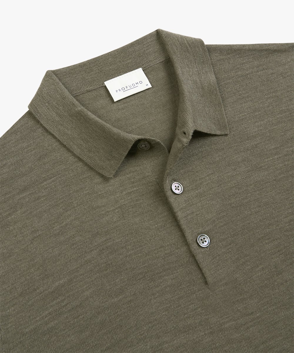 Profuomo heren trui wol, slim fit gebreide polo lange mouw, groen