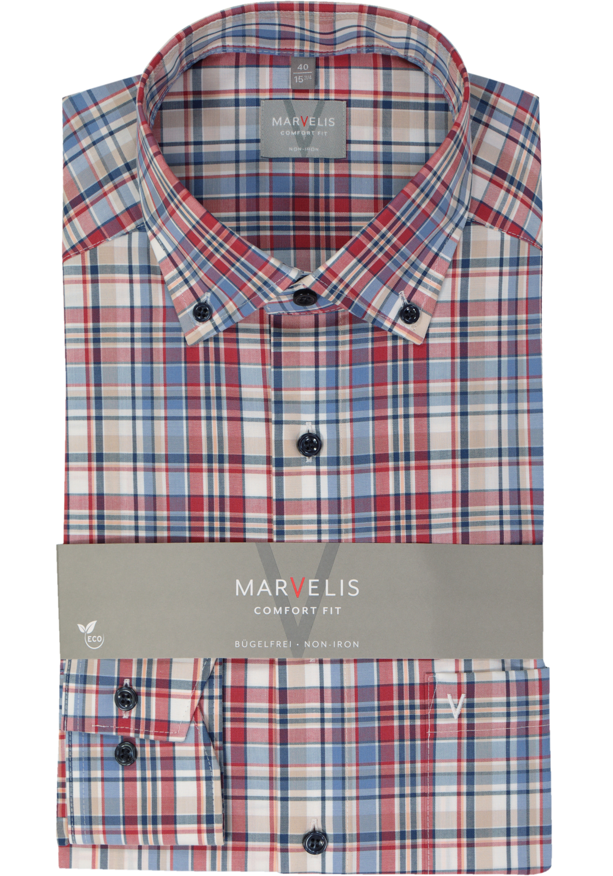 MARVELIS comfort fit overhemd, popeline, rood geruit