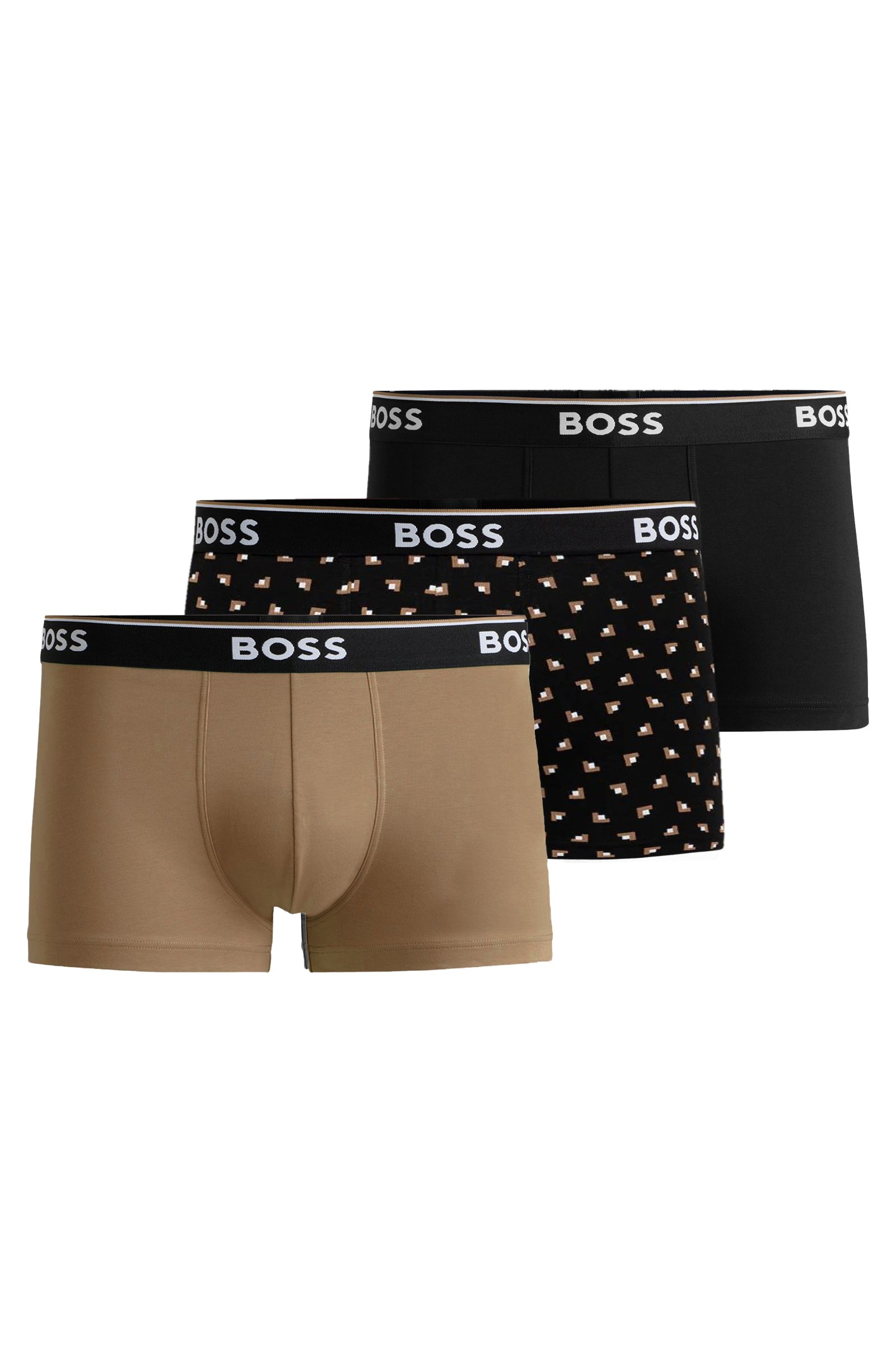 HUGO BOSS Power trunks (3-pack), heren boxers kort, zwart, beige, zwart met beige gestipt