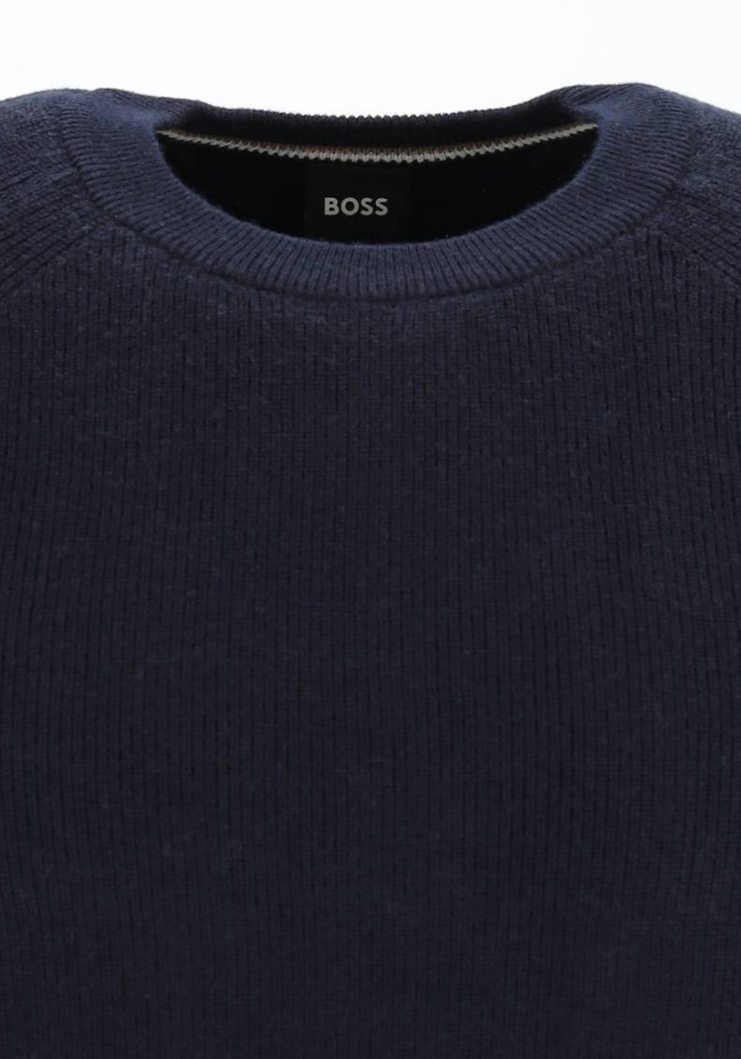 BOSS Derlino regular fit trui katoen met wol, heren trui middeldik O-hals, donkerblauw