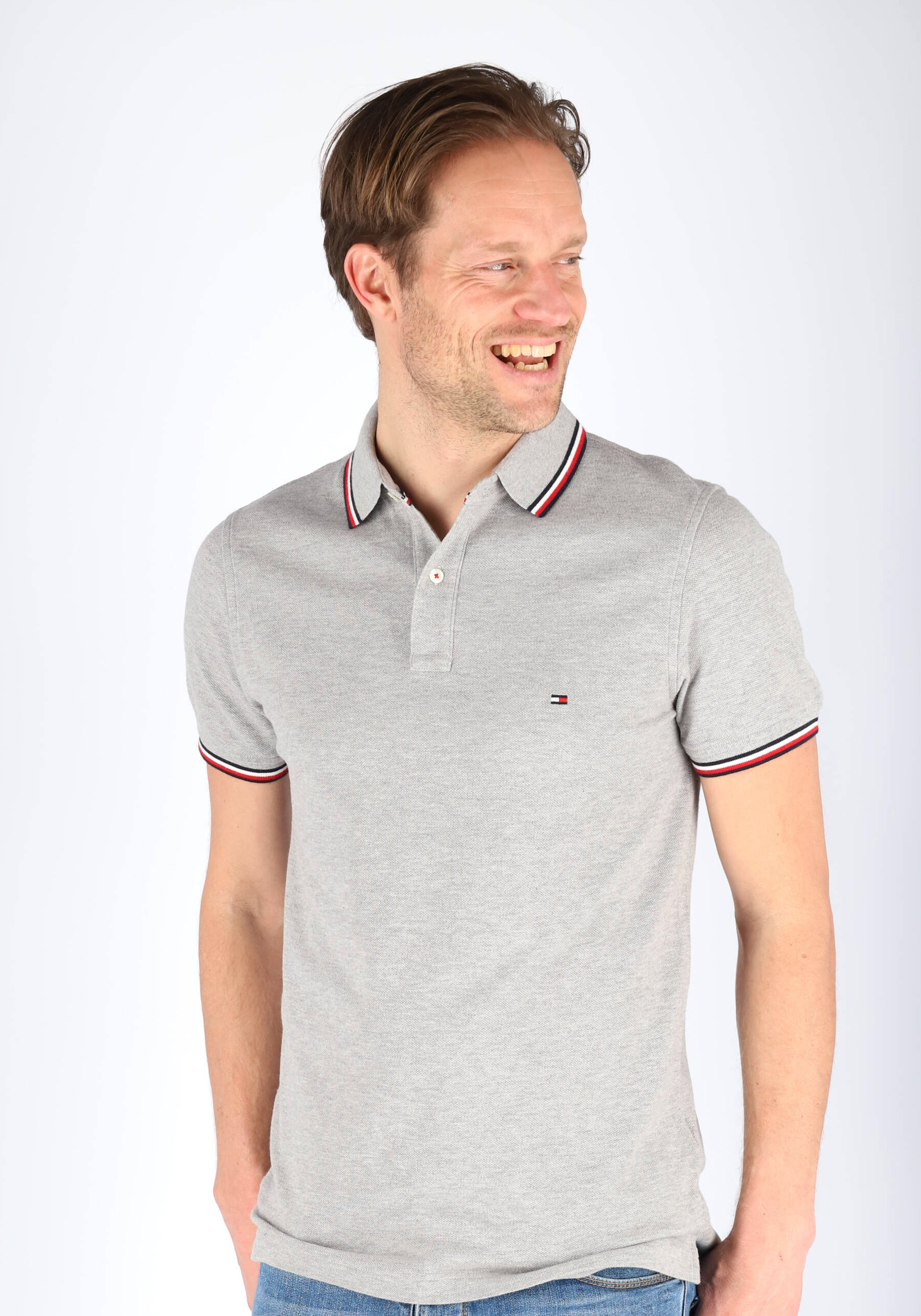 Tommy Hilfiger Core slim fit polo, heren polo met contrastbiezen, grijs melange