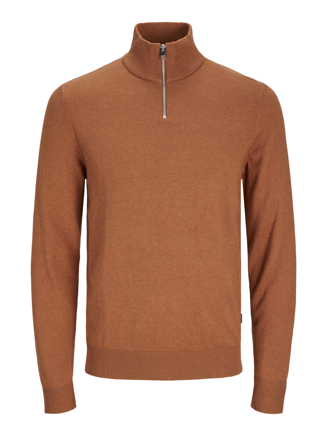 JACK & JONES Emil knit half zip slim fit, heren schipperstrui viscosemengsel met opstaande boord, cognac bruin