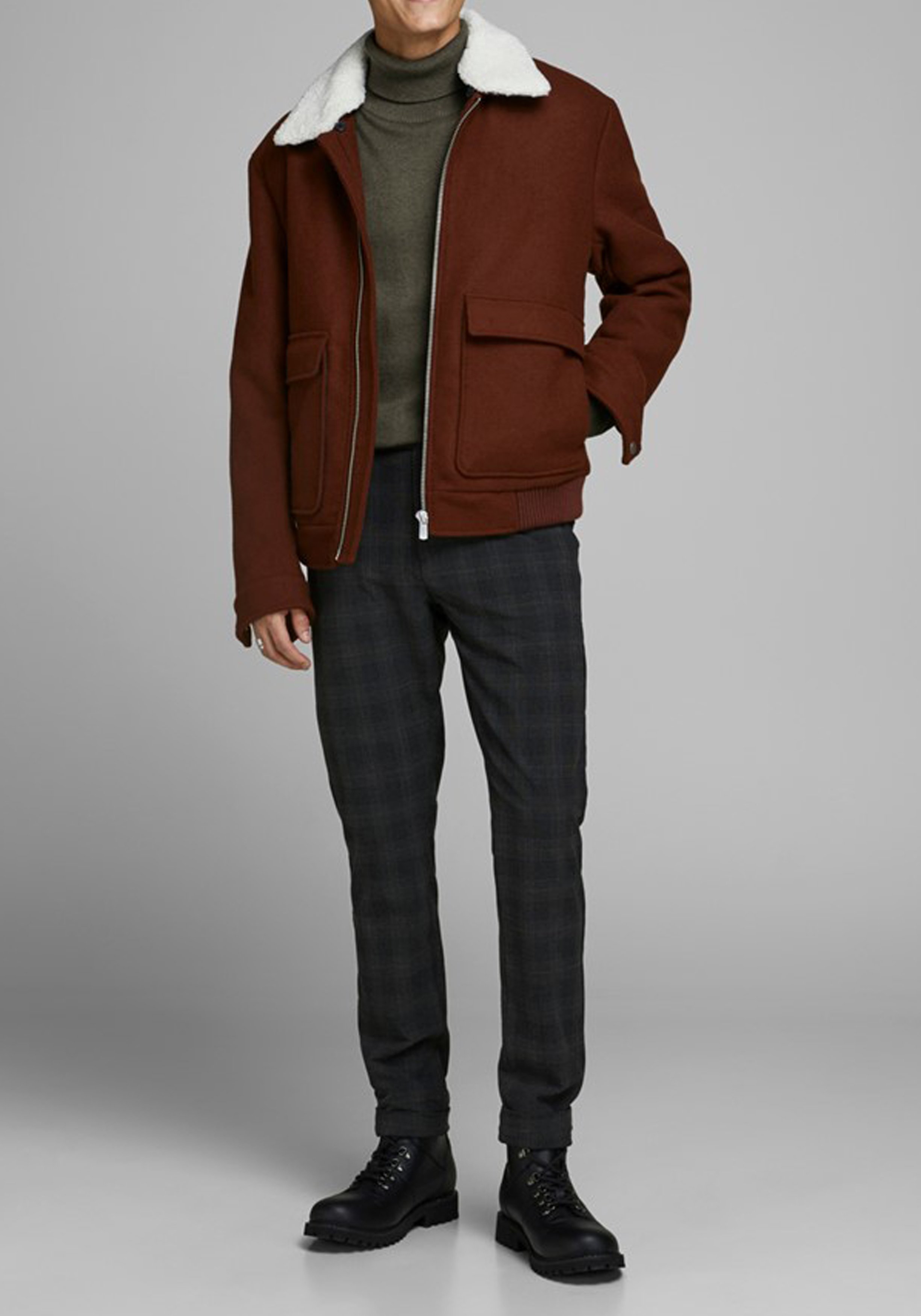 JACK & JONES slim fit coltrui katoen, olijfgroen