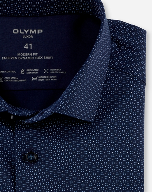 OLYMP 24/7 modern fit overhemd, dobby, marine blauw dessin