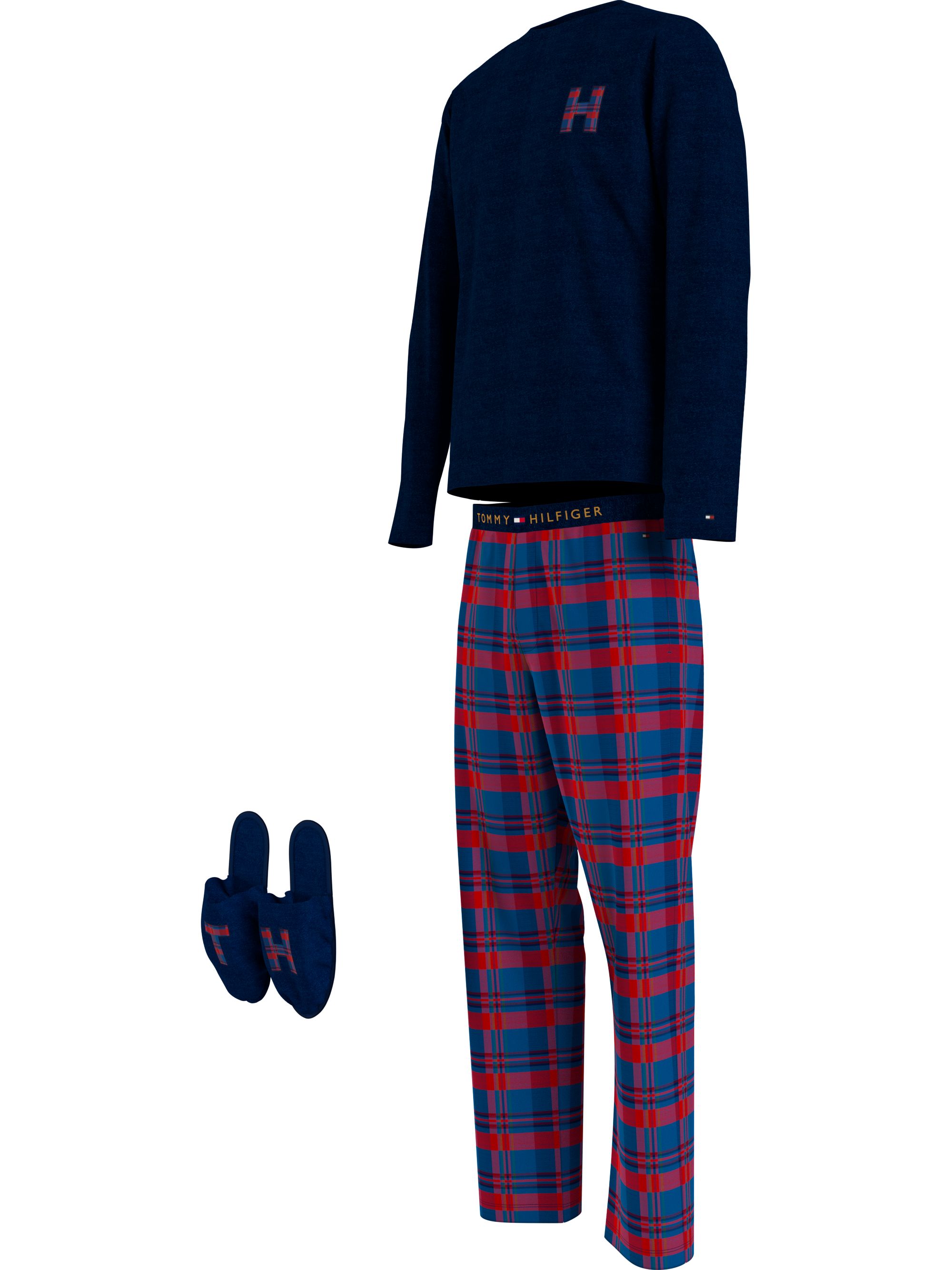 Tommy Hilfiger heren pyjama O-hals, woven flannel slippers set, blauw met geruite broek en bijpassende sloffen