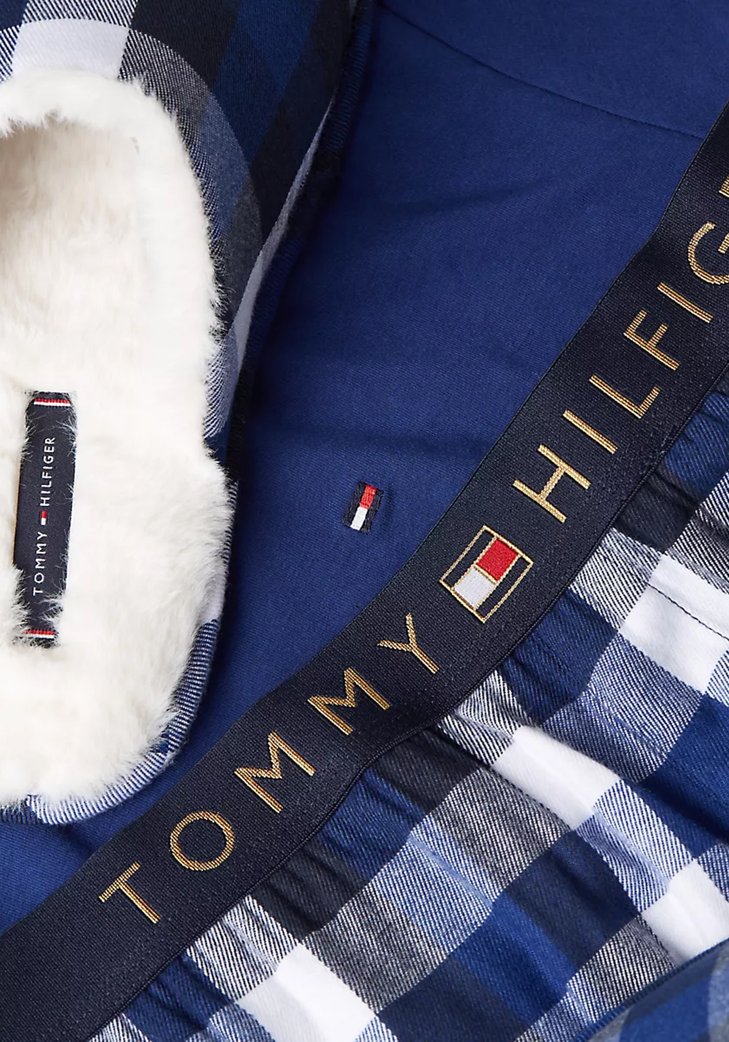 Tommy Hilfiger heren pyjama set, blauw shirt en slippers met blauw met wit geruite broek