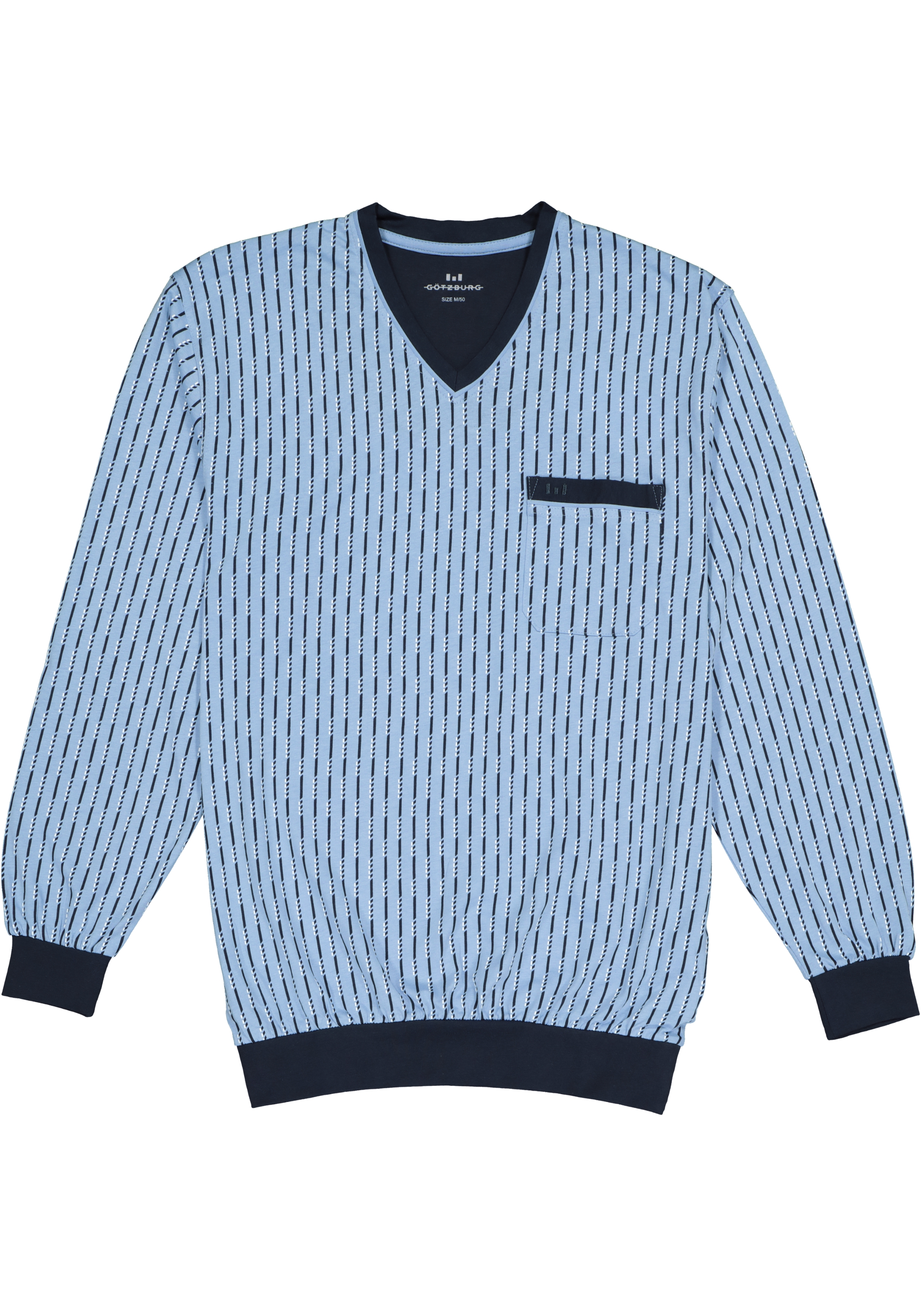 Gotzburg heren pyjama, V-hals, lichtblauw met blauw en wit dessin