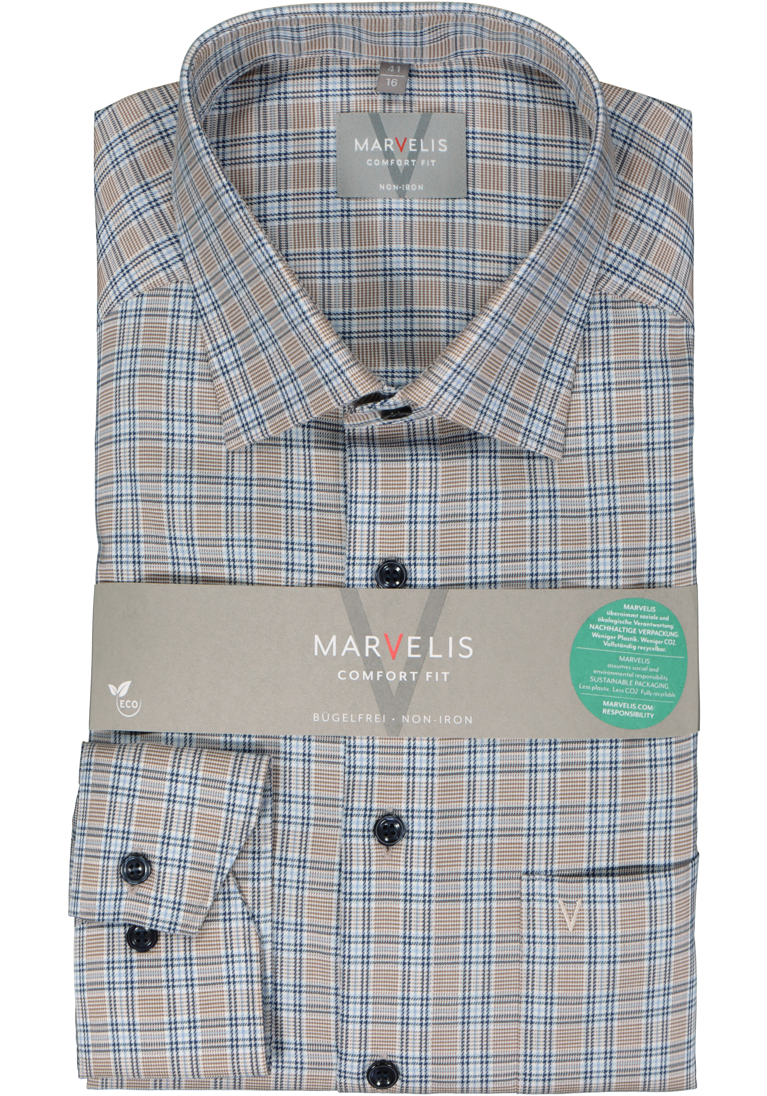 MARVELIS comfort fit overhemd, popeline, lichtbruin geruit