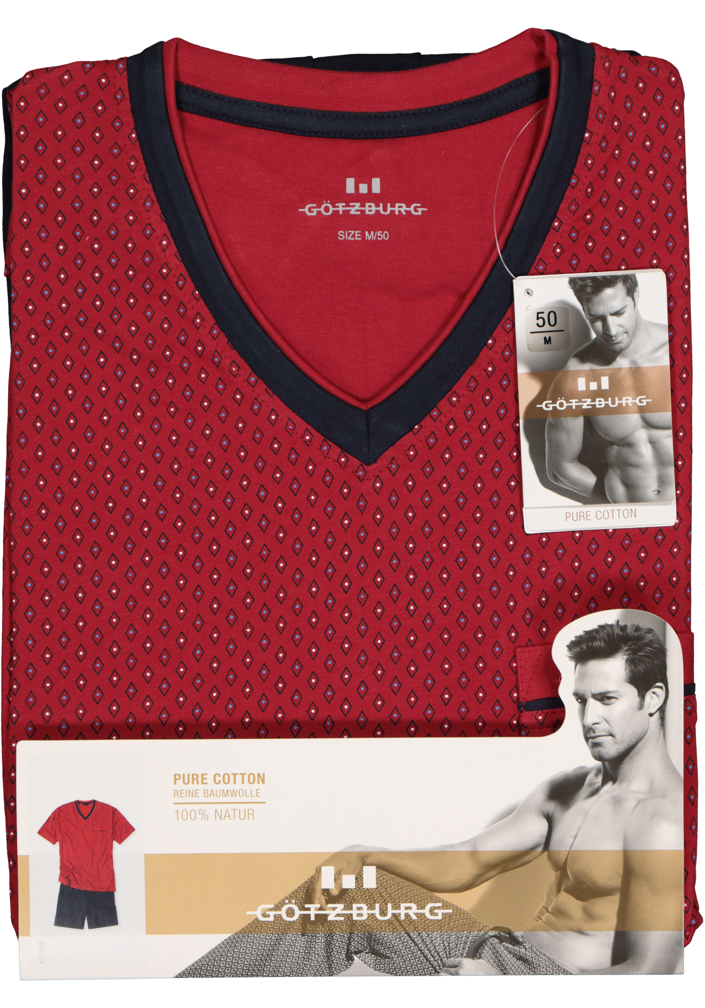 Gotzburg heren shortama, V-hals, rood met blauw en wit dessin