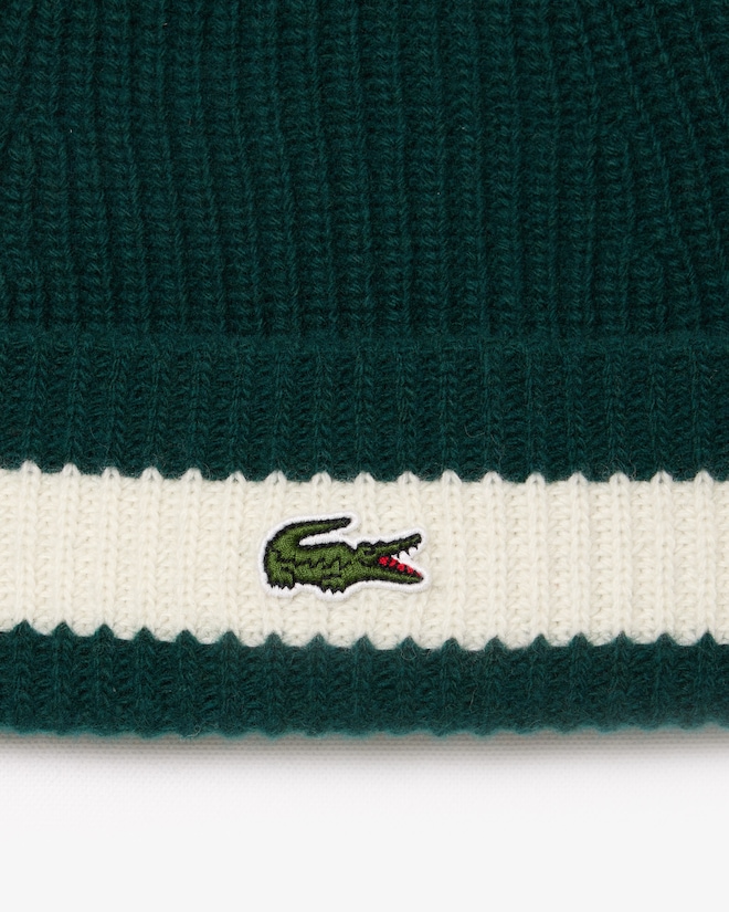 Lacoste muts wol, unisex gebreide muts, groen met ecru streep