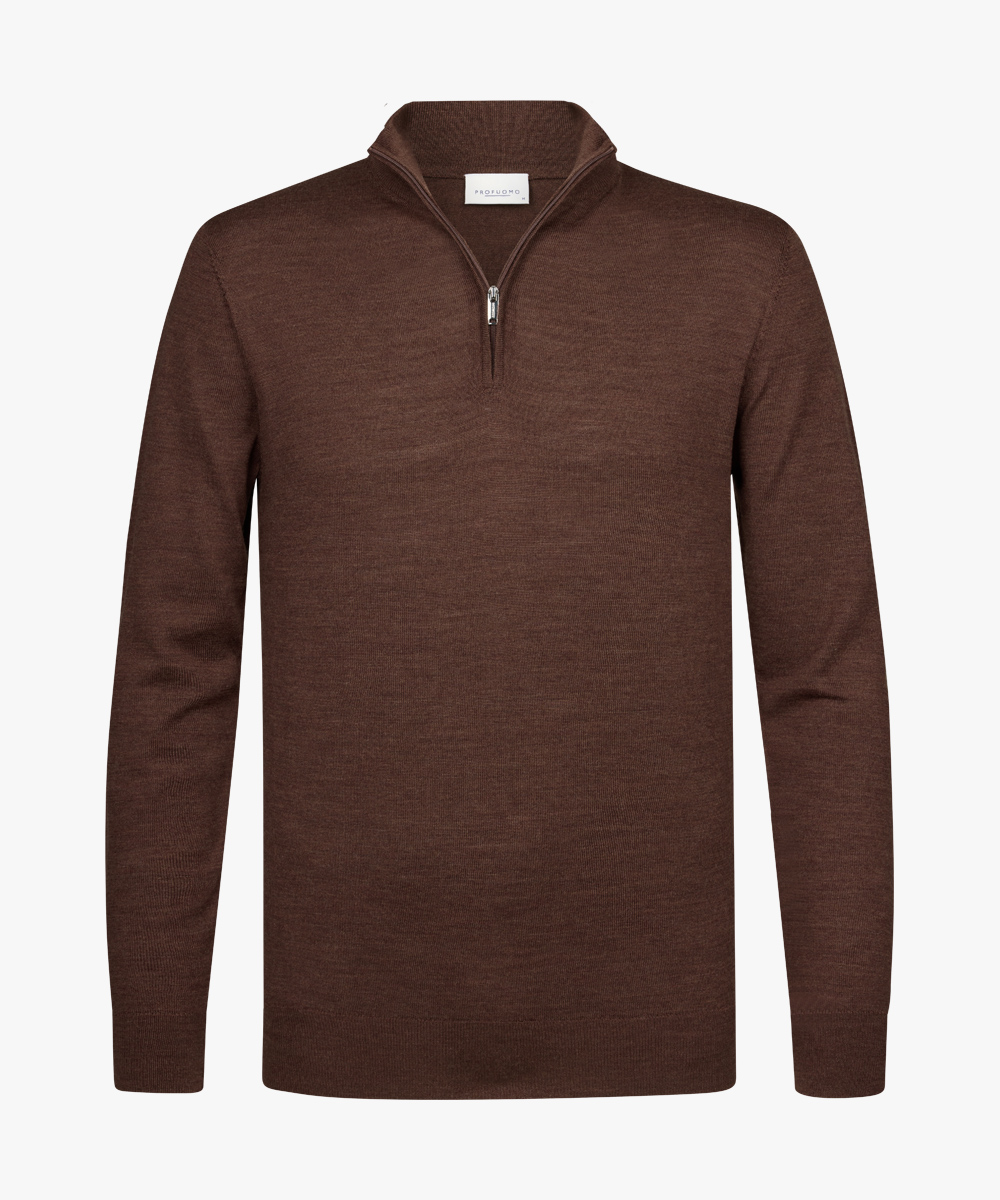 Profuomo heren trui wol, slim fit trui met korte rits, roestbruin