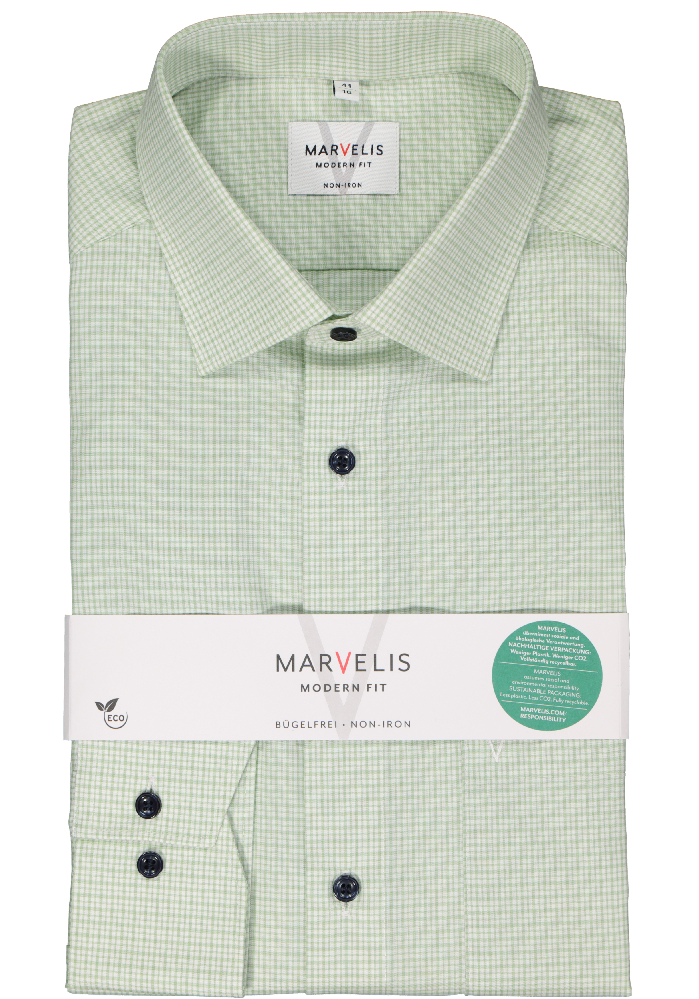 MARVELIS modern fit overhemd, popeline, lichtgroen met wit geruit