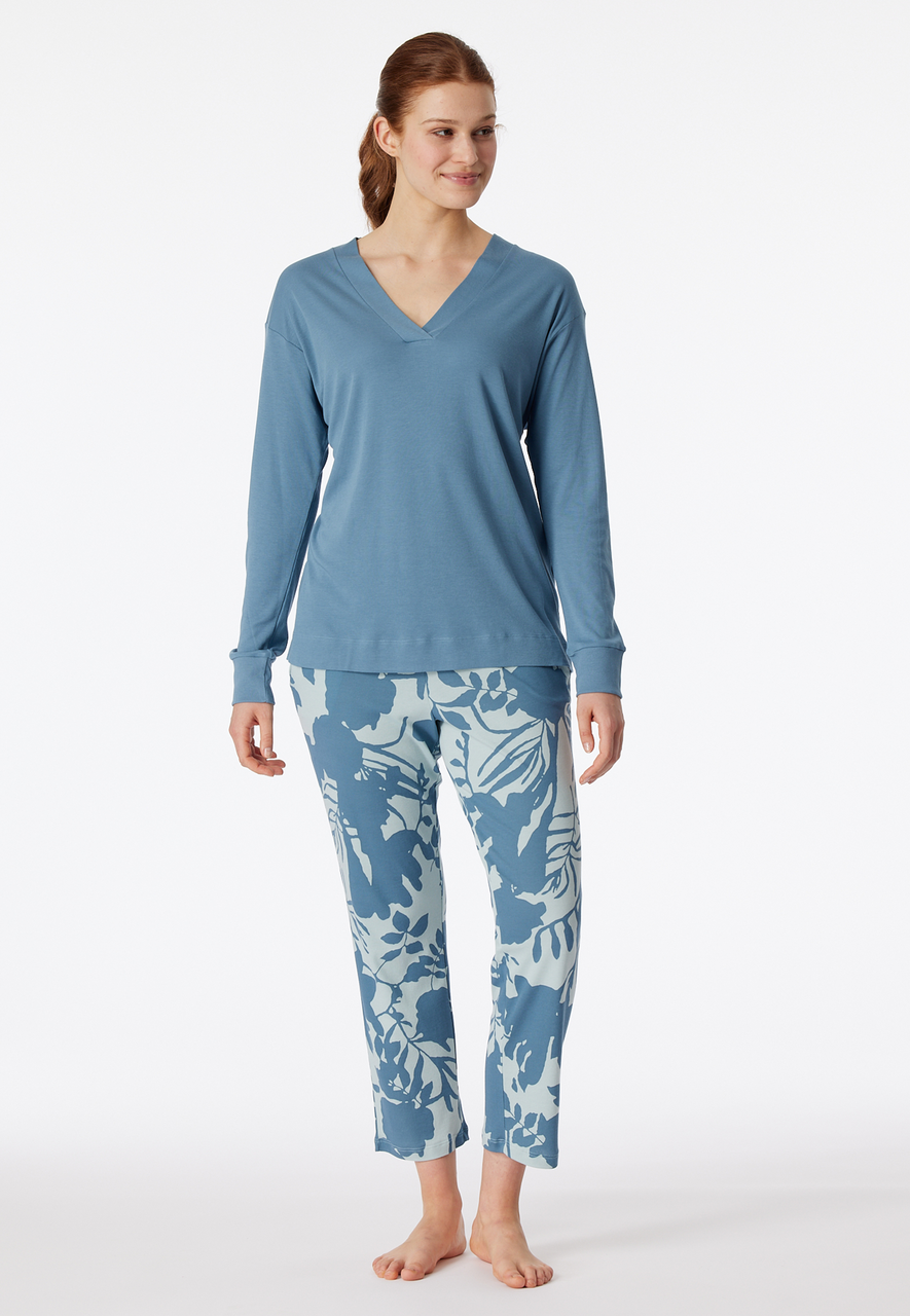 SCHIESSER Modern Nightwear pyjamaset, dames pyjama lange V-hals blauw-grijs