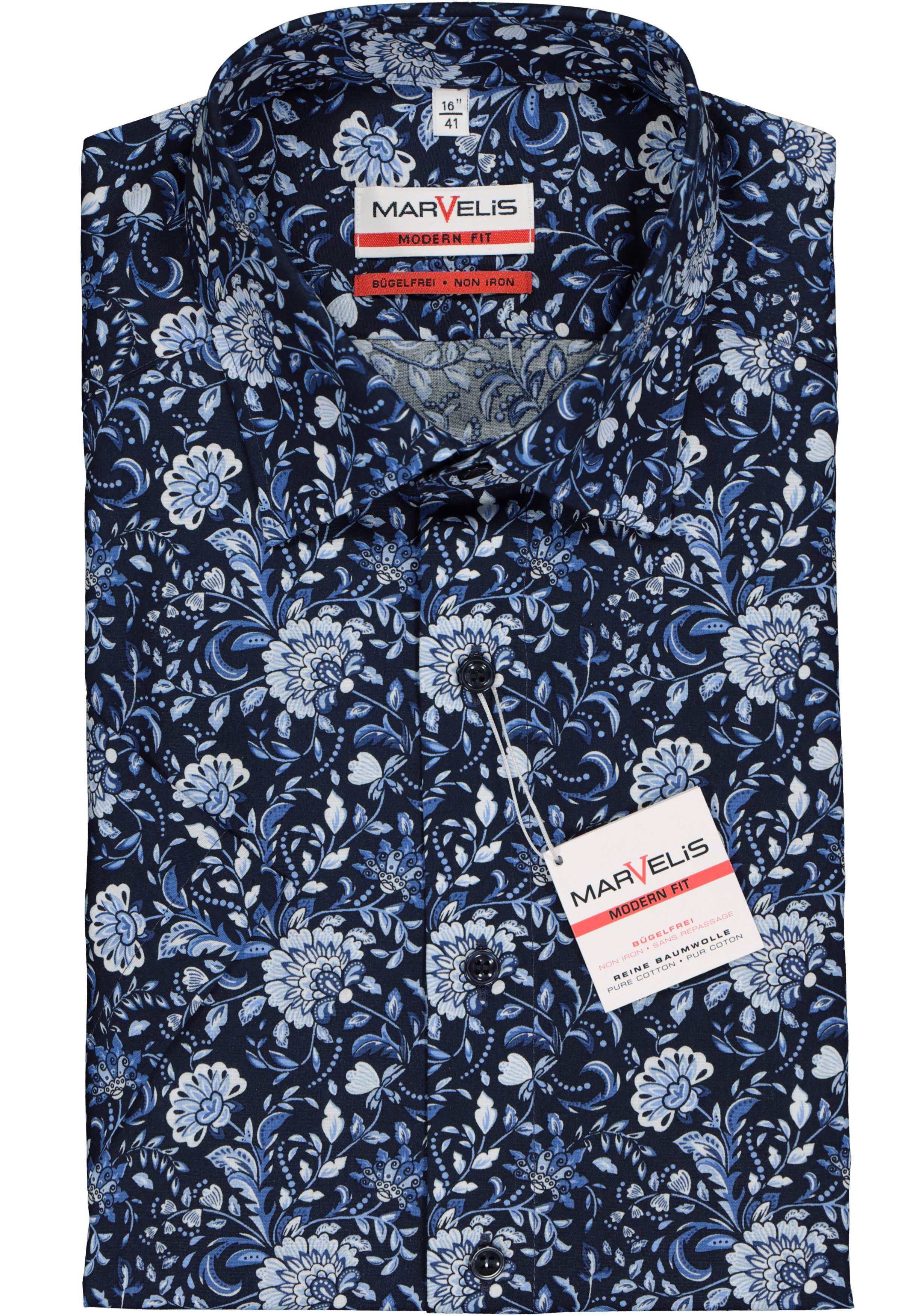 MARVELIS modern fit overhemd, korte mouw, popeline, blauw bloemen dessin