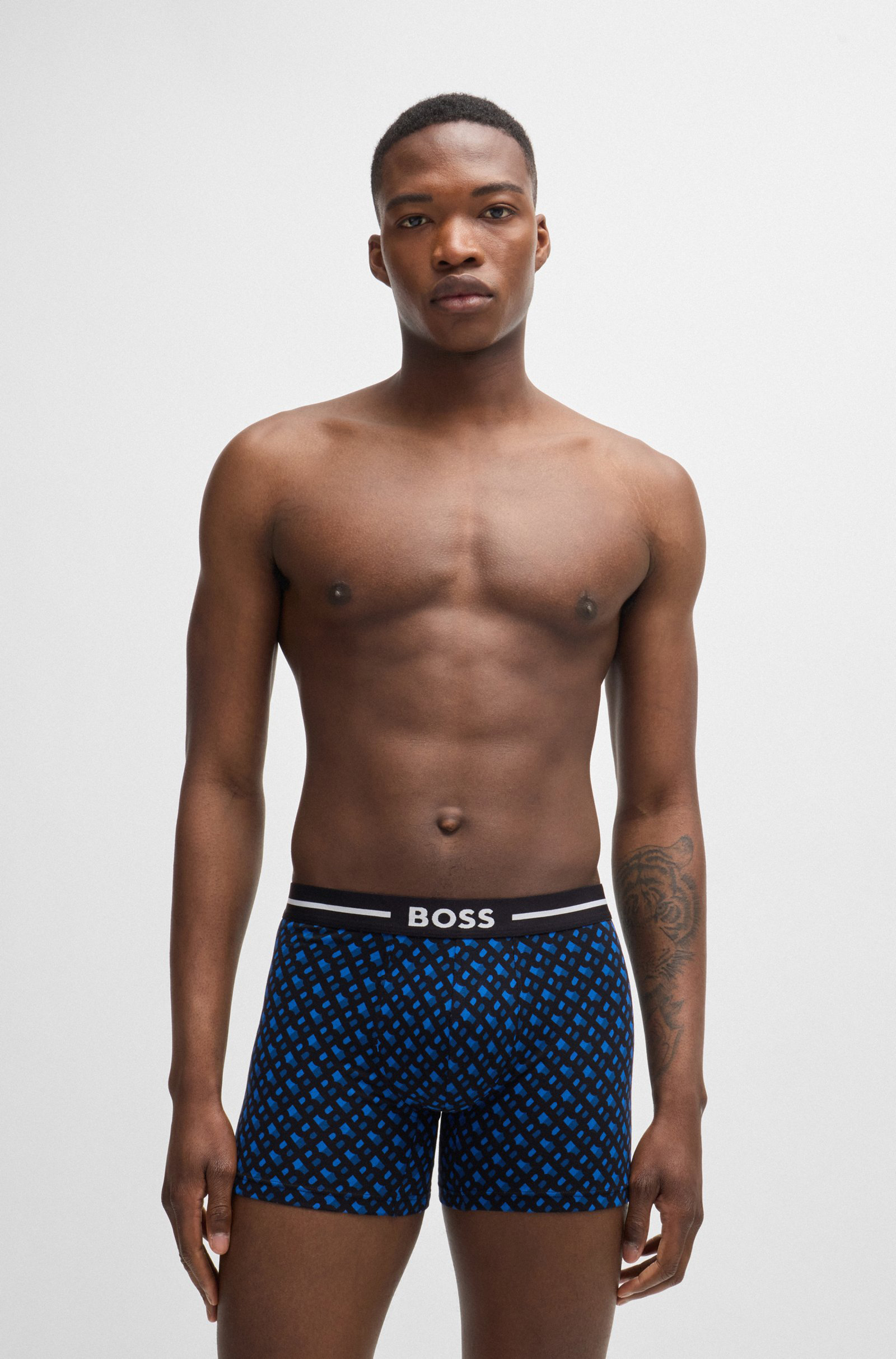 HUGO BOSS Bold boxer briefs (3-pack), heren boxers normale lengte, donkerblauw, middenblauw, blauw dessin