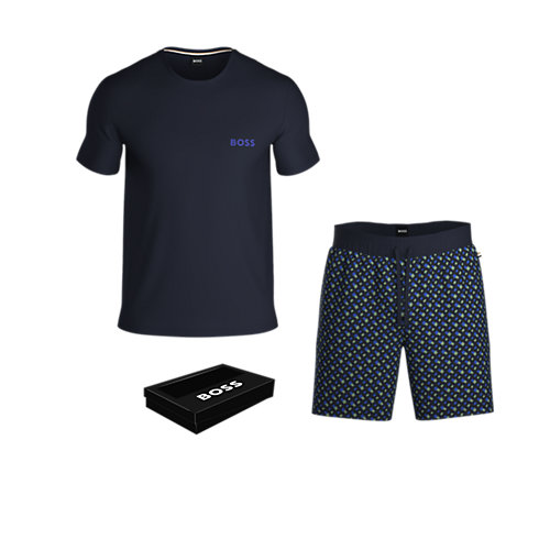 BOSS Relax Short Set, heren shortama set, kobalt blauw dessin