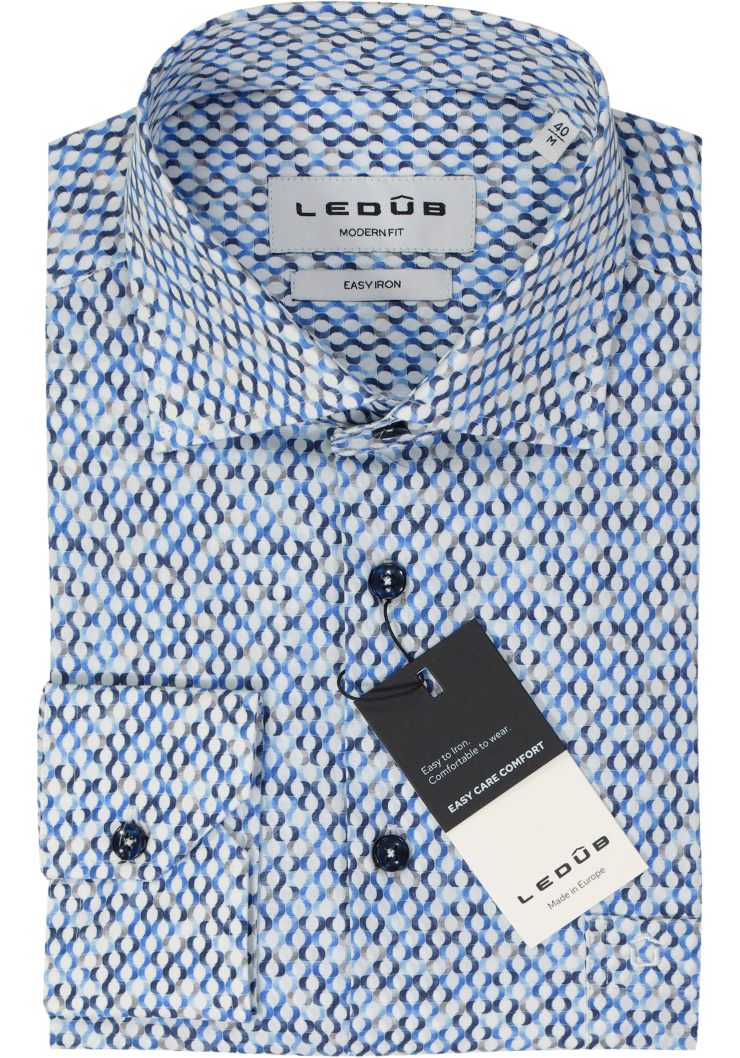 Ledub modern fit overhemd, popeline, blauw met wit en beige dessin