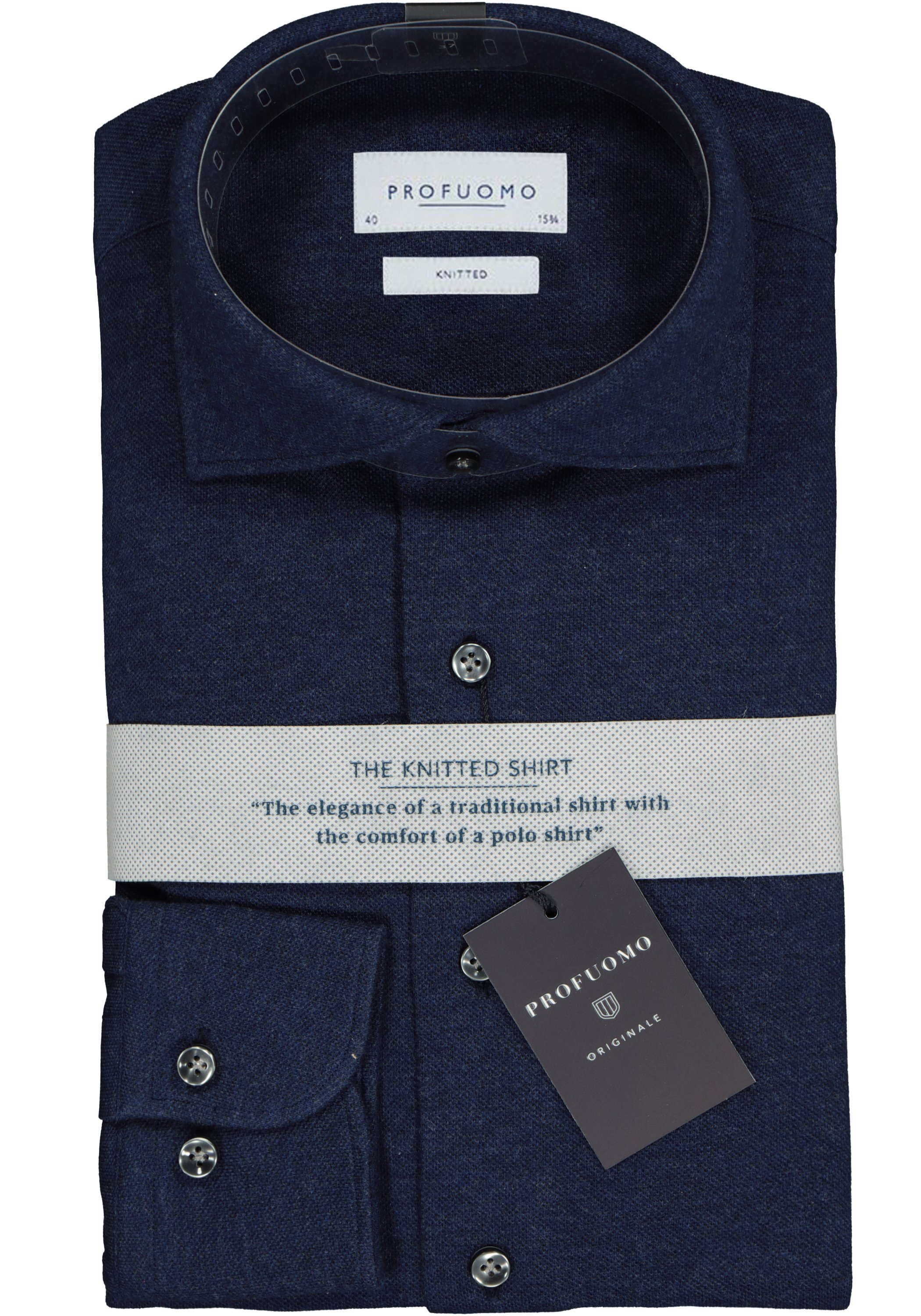 Profuomo slim fit jersey overhemd, knitted shirt pique, navy melange