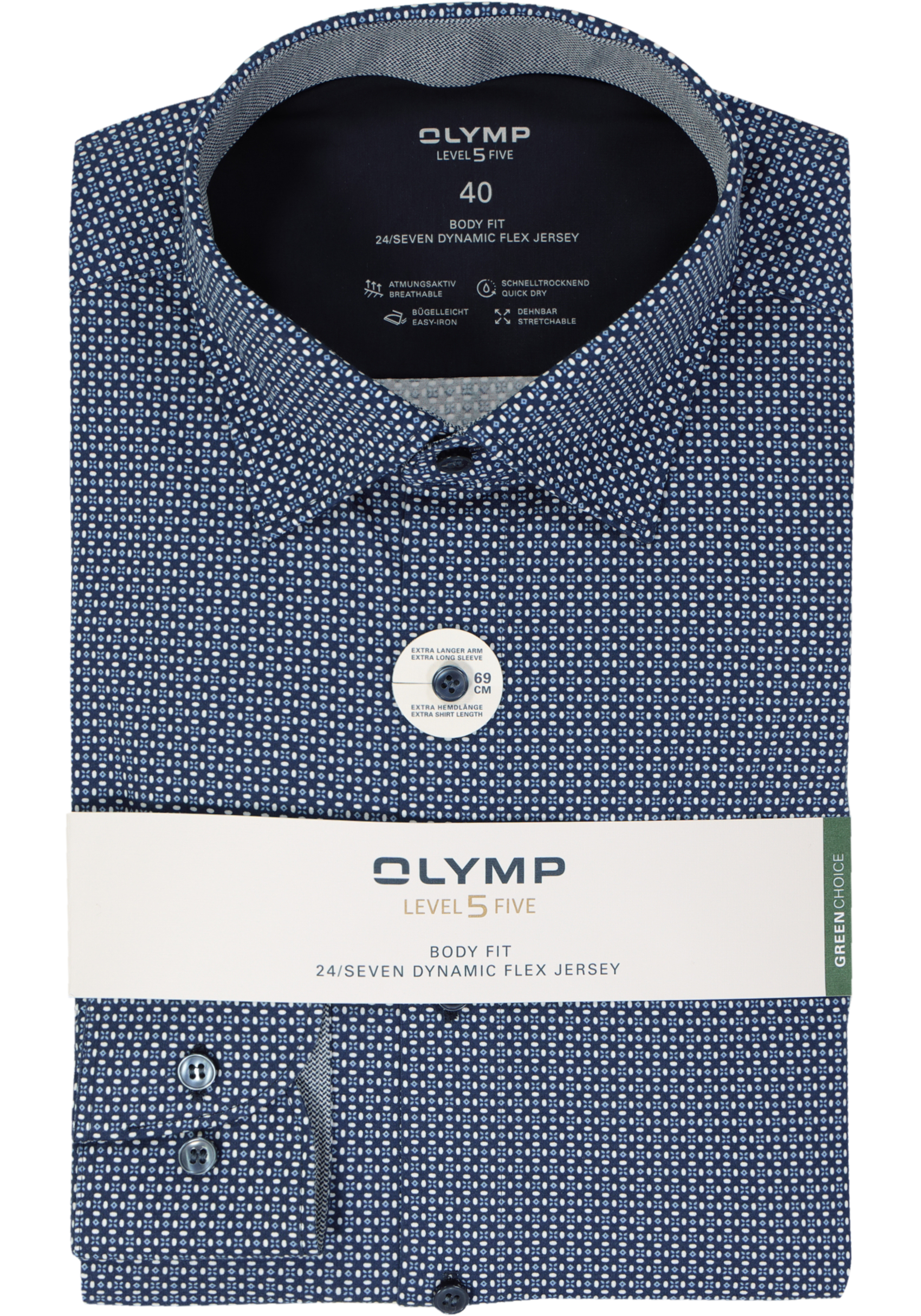 OLYMP 24/7 Level 5 body fit overhemd, mouwlengte 7, mouwlengte 7, tricot, marine blauw dessin