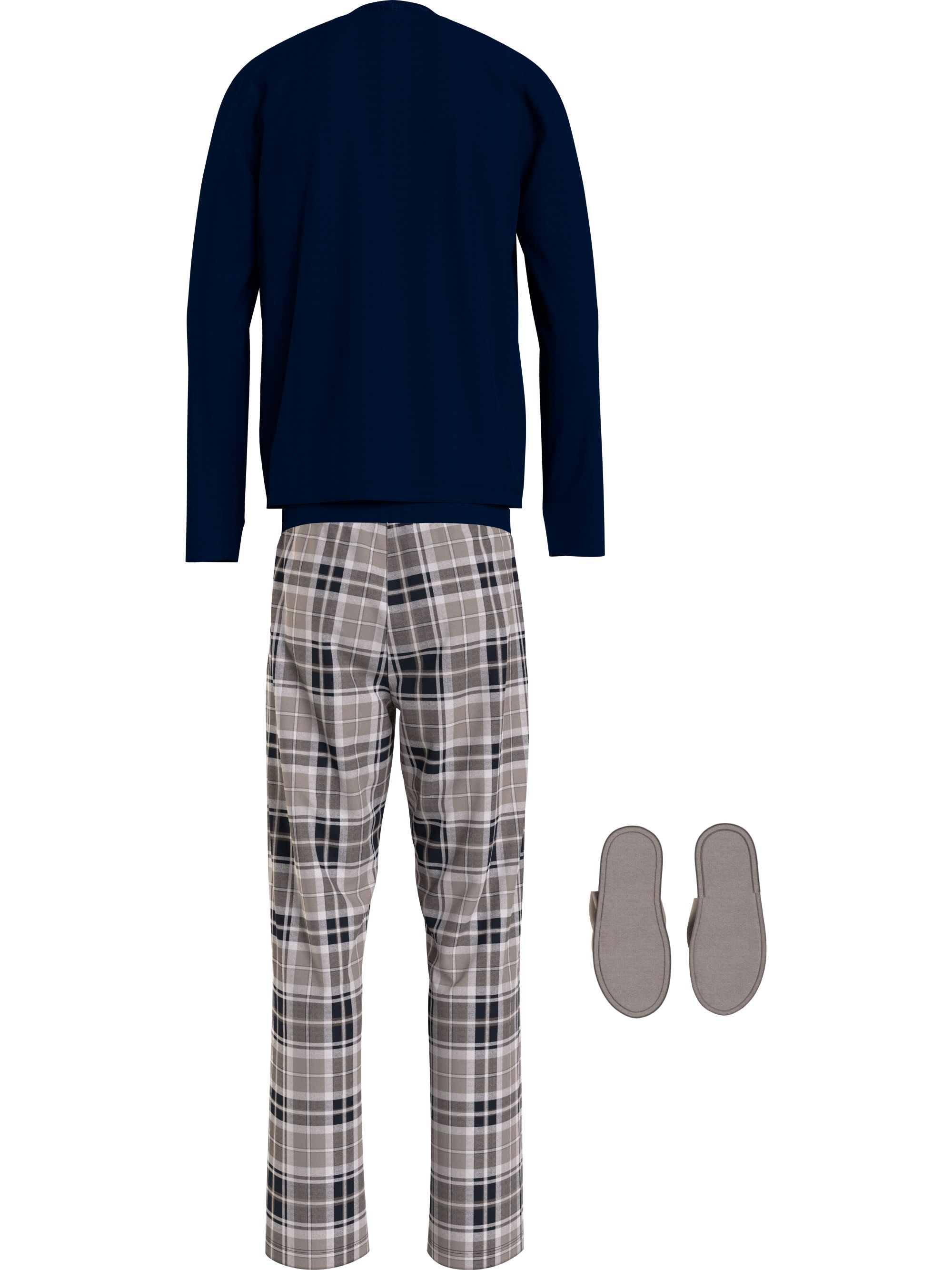 Tommy Hilfiger heren pyjama O-hals, woven flannel slippers set, blauw met bruin geruite broek en bijpassende sloffen