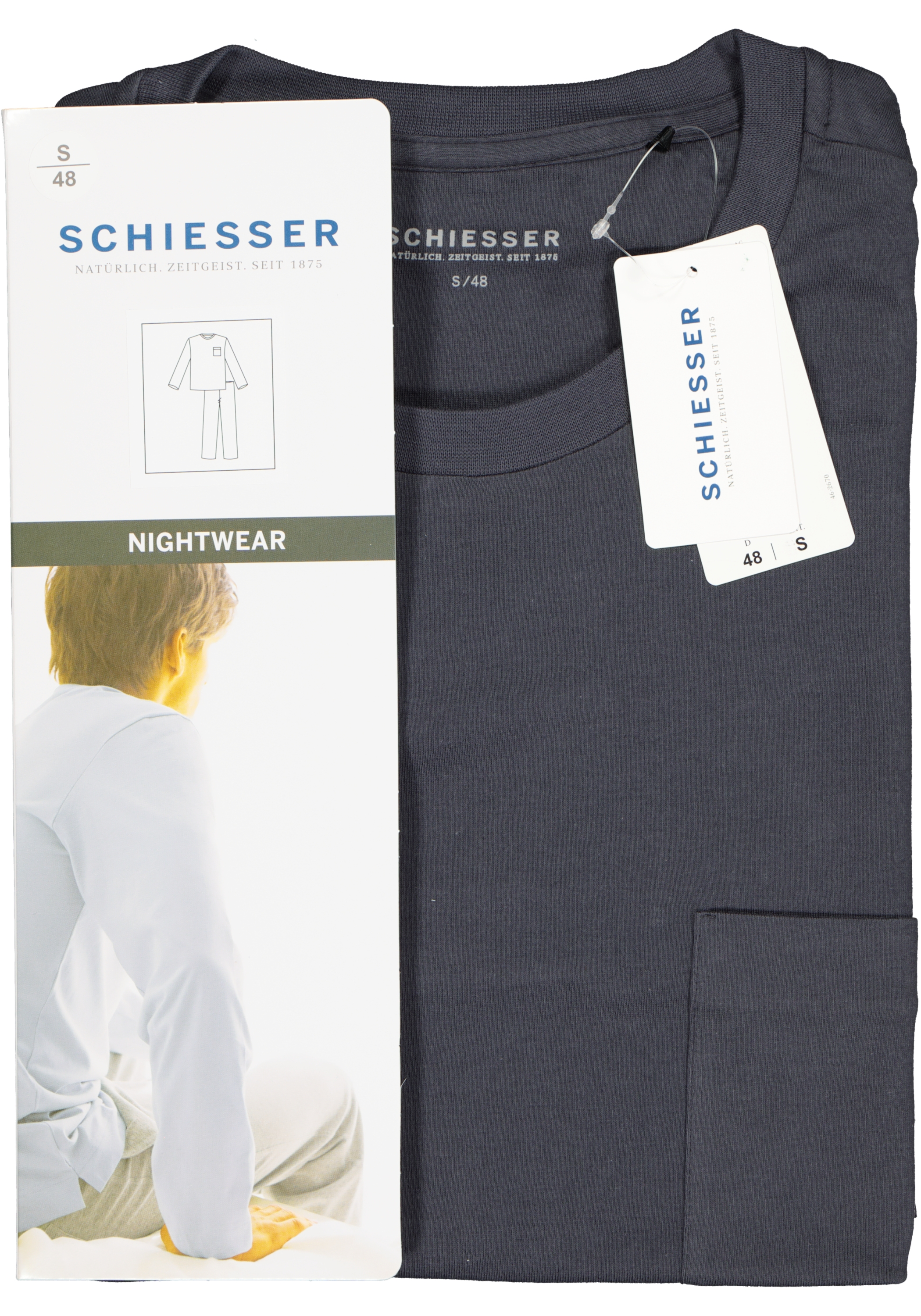 SCHIESSER heren pyjama, O-hals, grijs met dessin broek