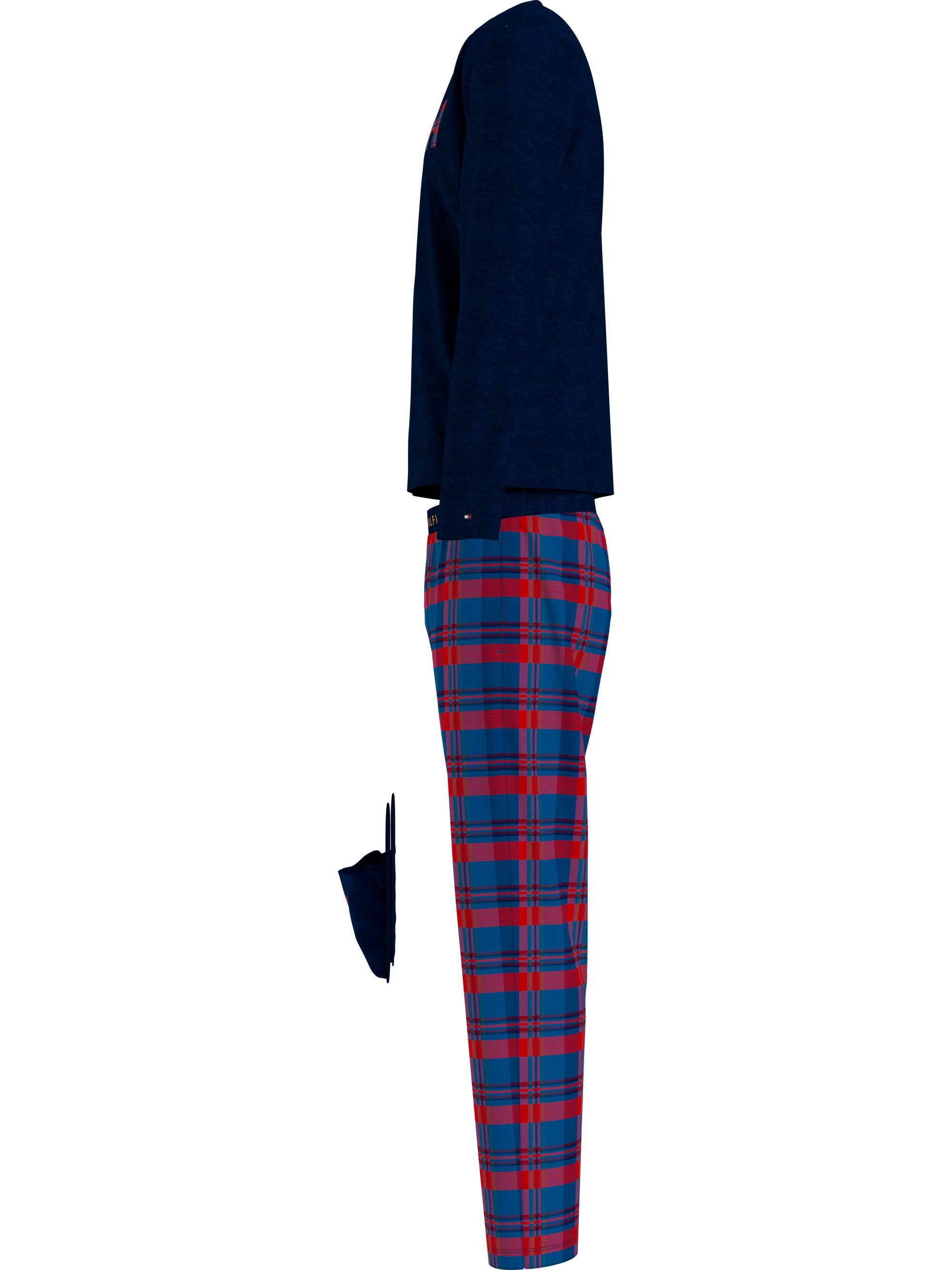 Tommy Hilfiger heren pyjama O-hals, woven flannel slippers set, blauw met geruite broek en bijpassende sloffen