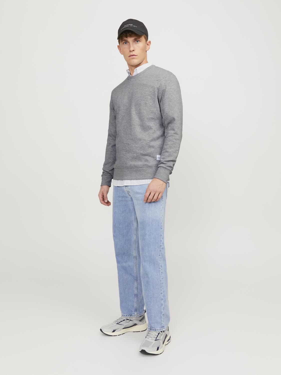 JACK & JONES Basic sweat crew neck regular fit, heren sweatshirt katoenmengsel met O-hals, lichtgrijs melange