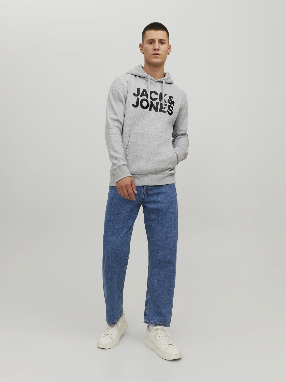 JACK & JONES Corp logo sweat hood regular fit, heren hoodie katoenmengsel met capuchon, lichtgrijs melange grote print