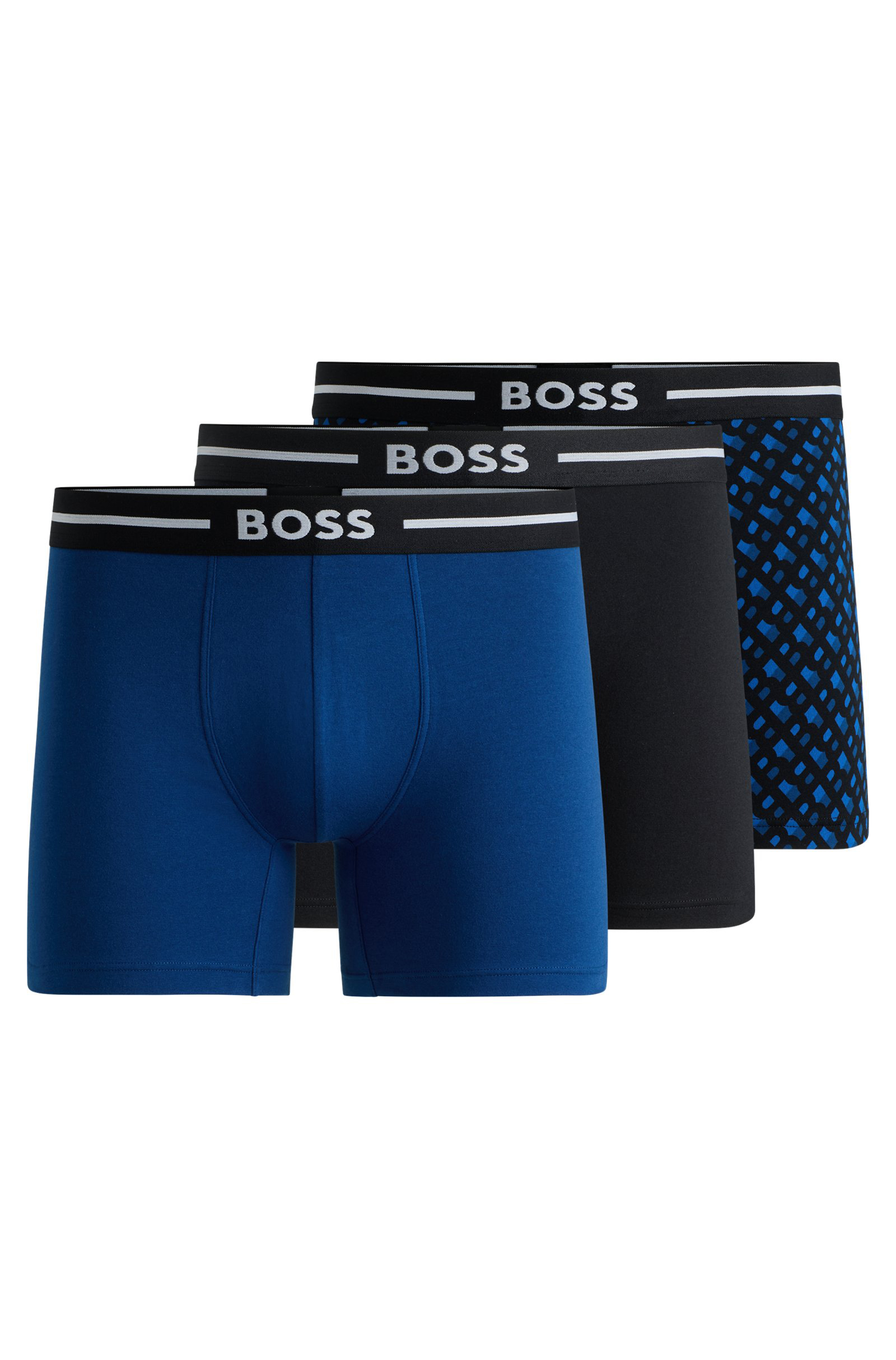 HUGO BOSS Bold boxer briefs (3-pack), heren boxers normale lengte, donkerblauw, middenblauw, blauw dessin