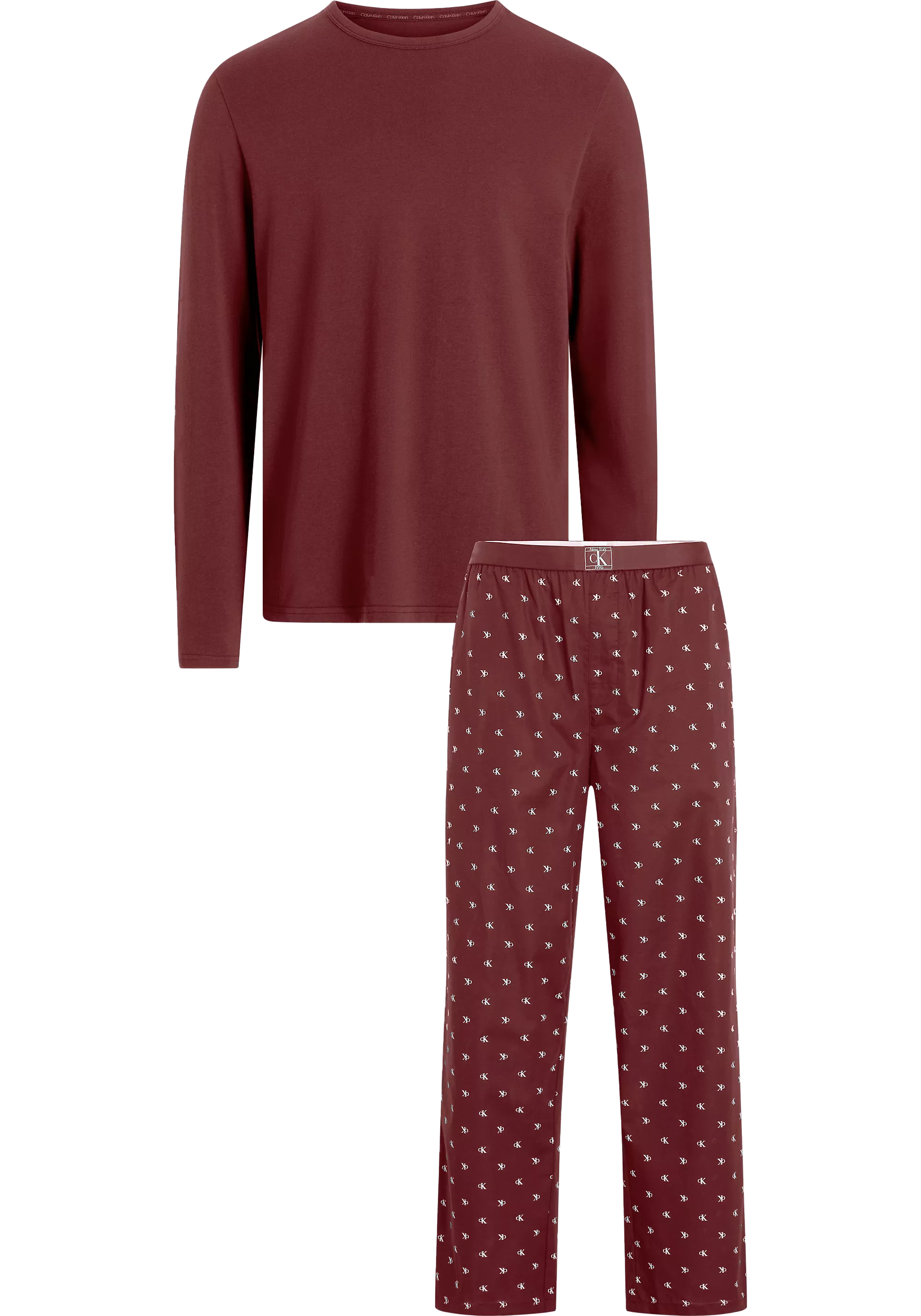 Calvin Klein heren pyjama O-hals, donkerrood shirt, dessin broek