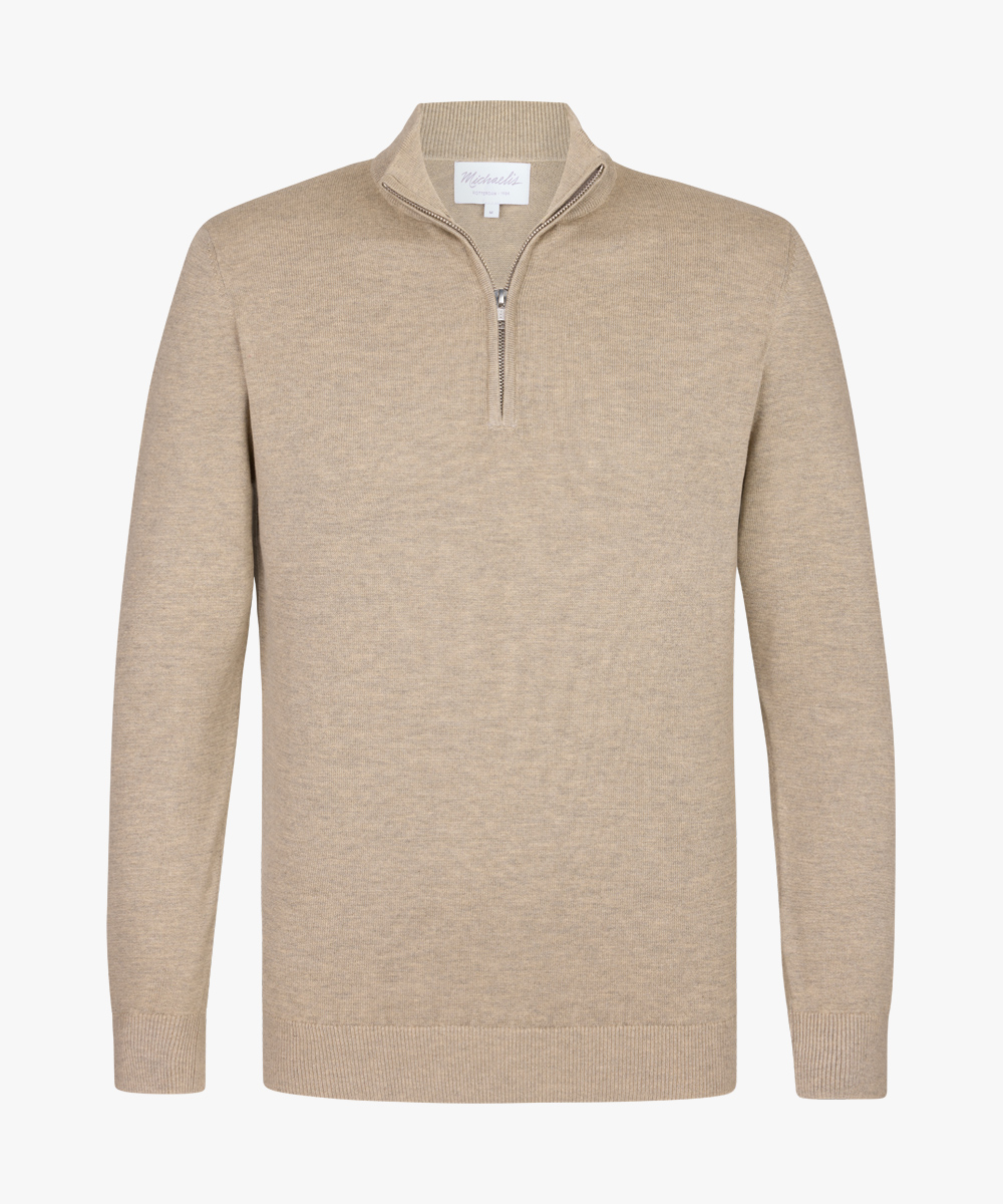 Michaelis heren trui katoenmengsel, slim fit trui met korte rits, beige