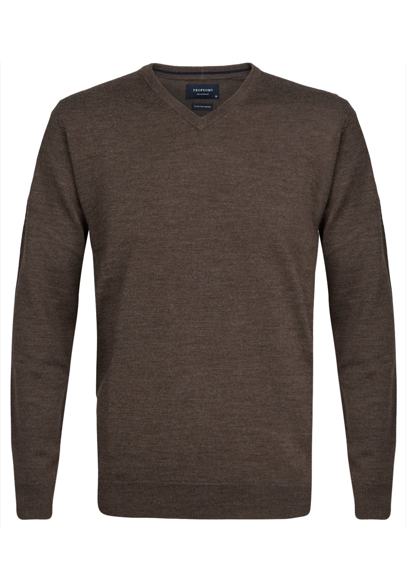 Profuomo slim fit trui wol, heren pullover V-hals, bruin