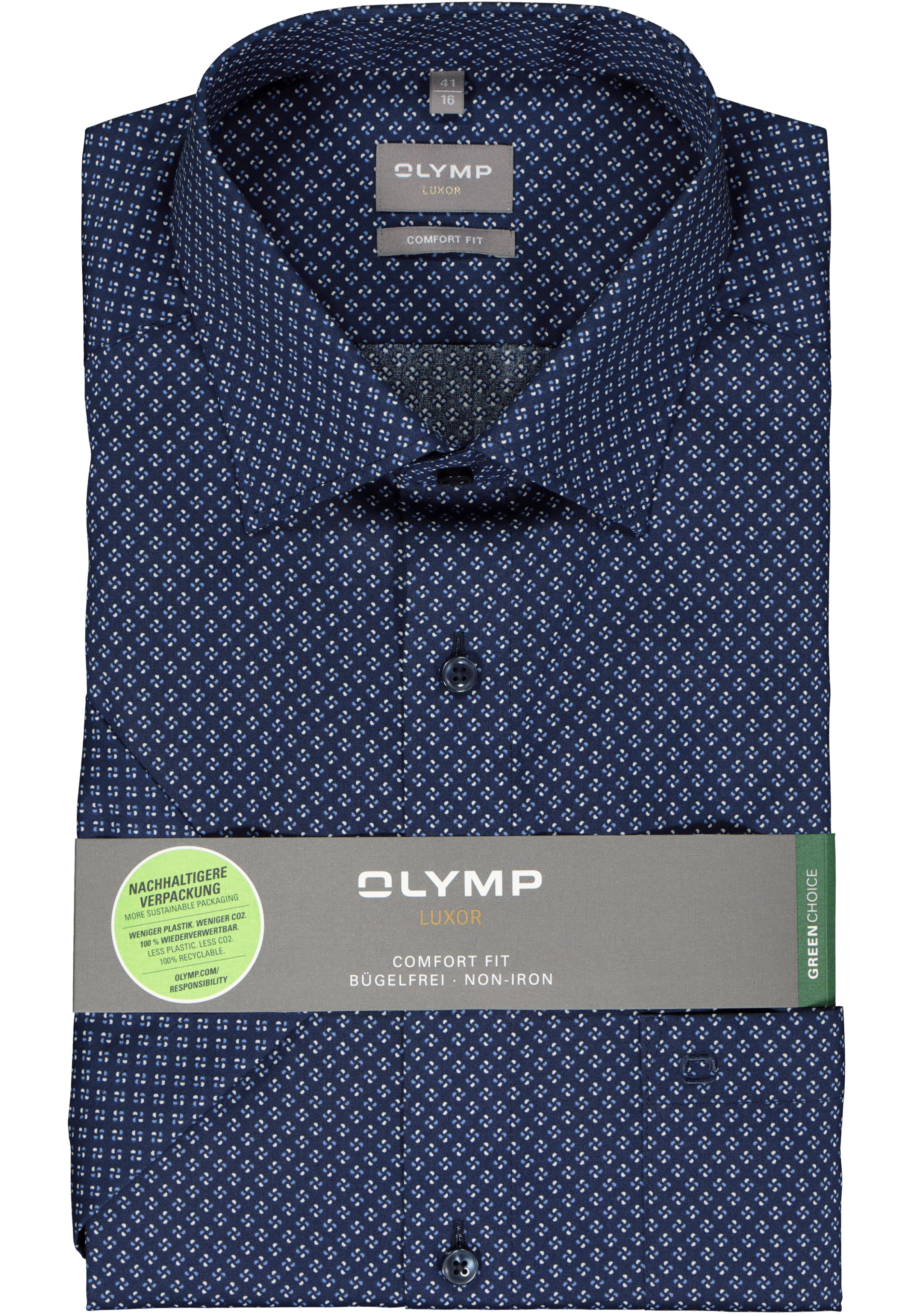 OLYMP comfort fit overhemd, korte mouw, popeline, donkerblauw met wit en lichtblauw dessin