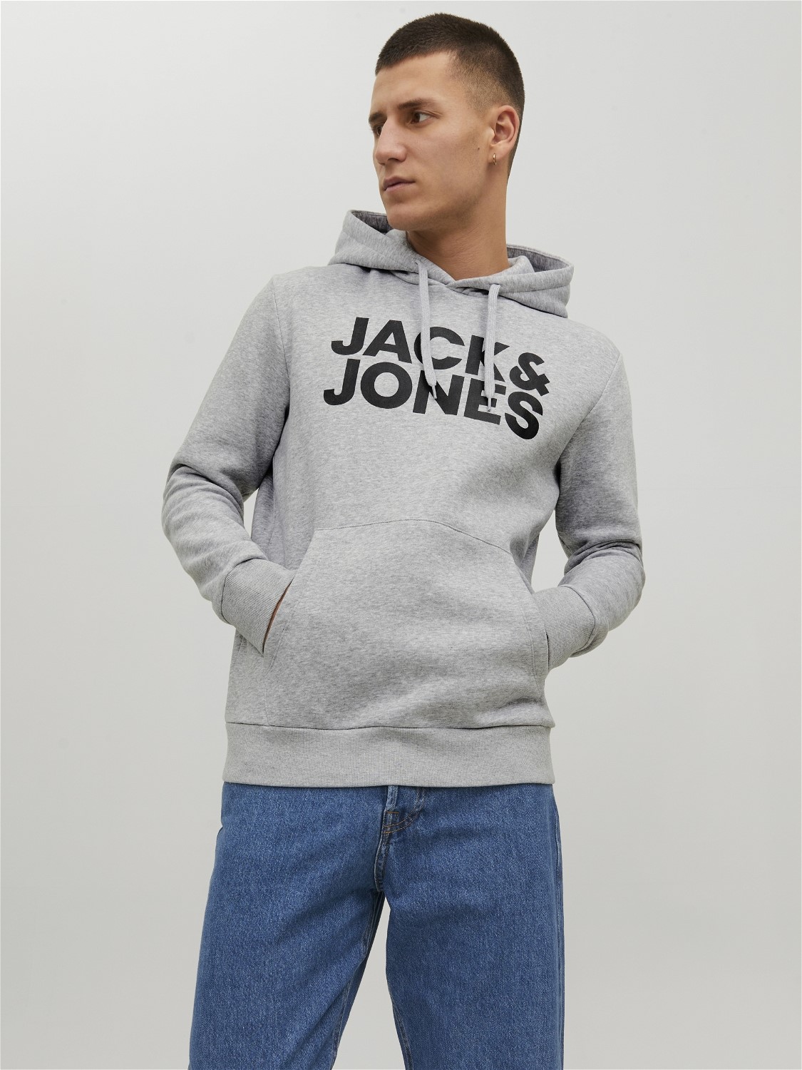 JACK & JONES Corp logo sweat hood regular fit, heren hoodie katoenmengsel met capuchon, lichtgrijs melange grote print