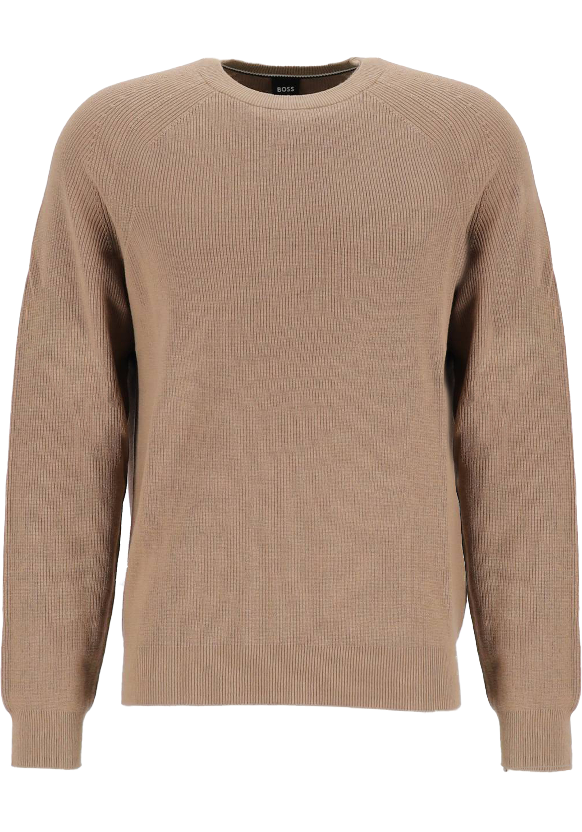 BOSS Derlino regular fit trui katoen met wol, heren trui middeldik O-hals, beige