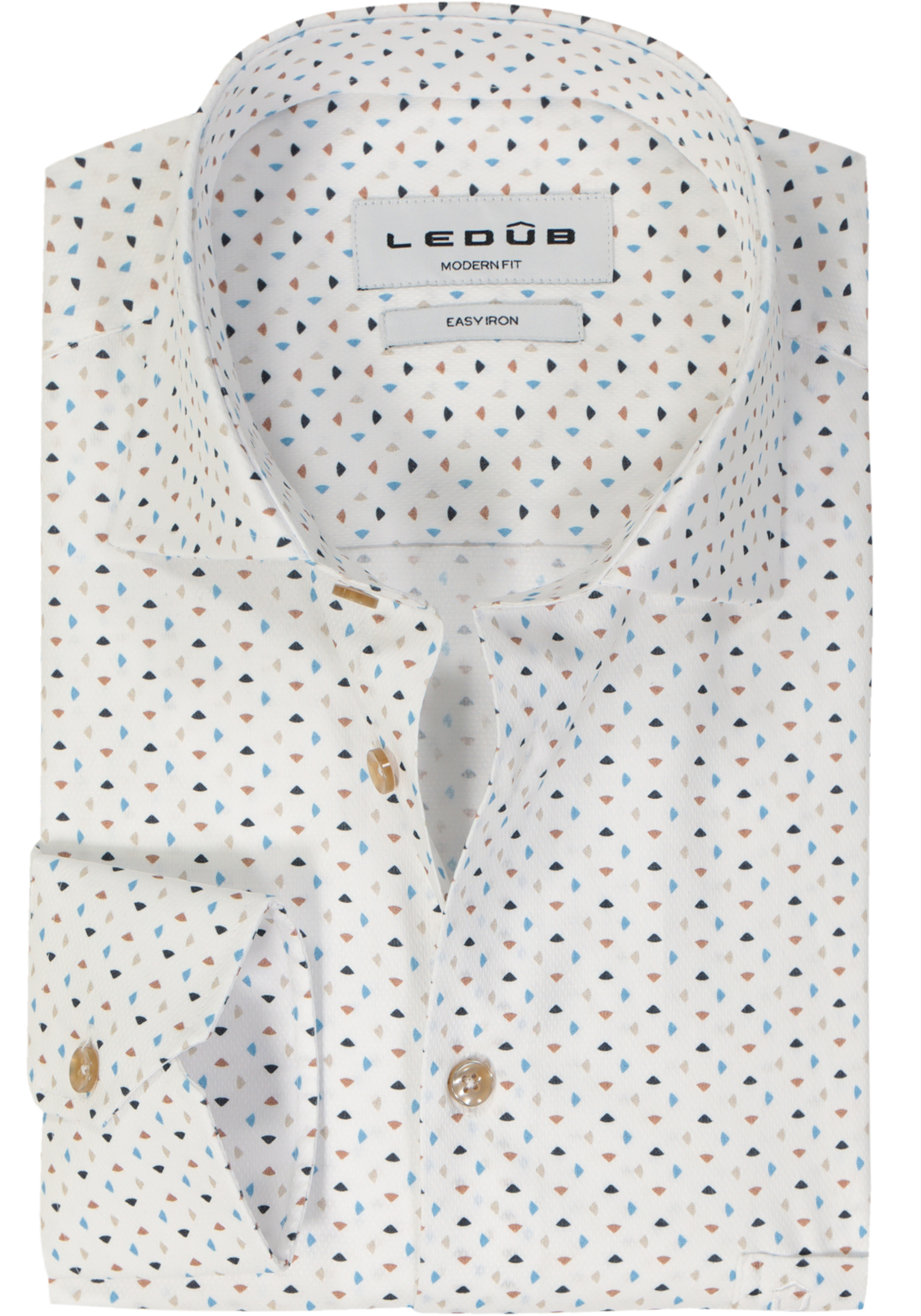 Ledub modern fit overhemd, popeline, wit met blauw en beige dessin